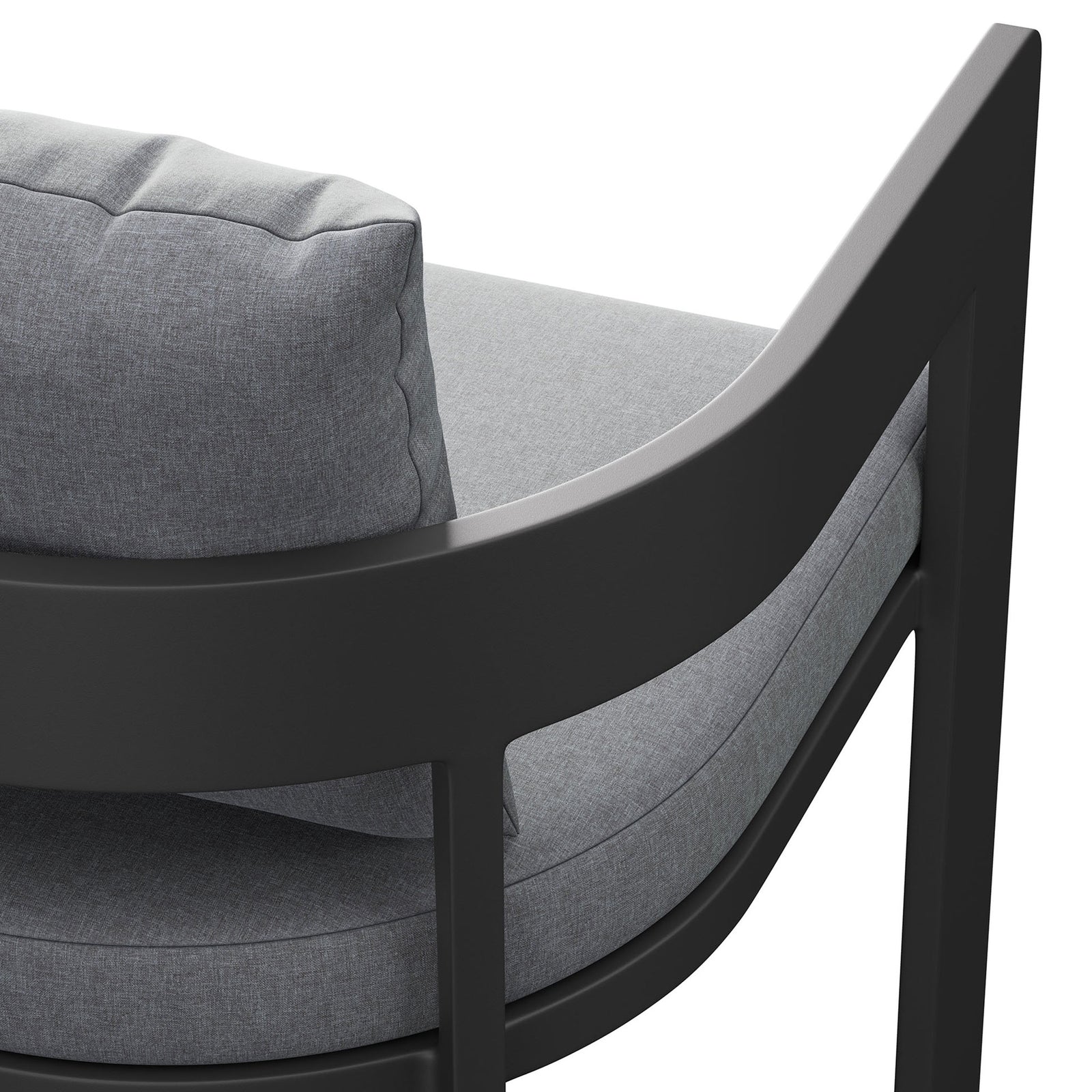 Dark aluminum arm and tailored gray cushions showcase the comfortable seating of the Tahoe bar chair. || EEI-7595-GRY || detail_studio