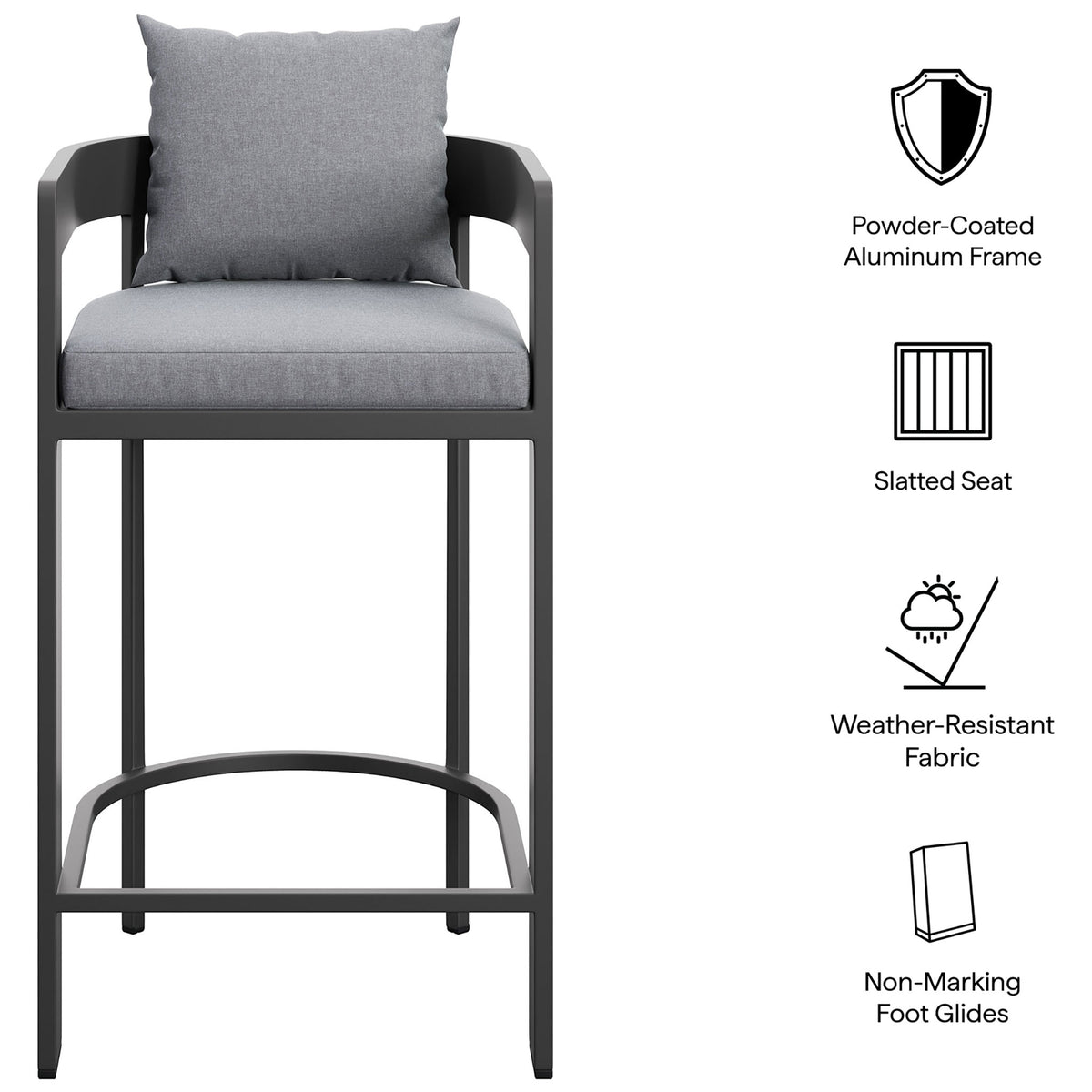 Feature graphic for the Tahoe bar chair with powder-coated frame, slatted seat, and weather-resistant fabric. || EEI-7595-GRY || callout_studio