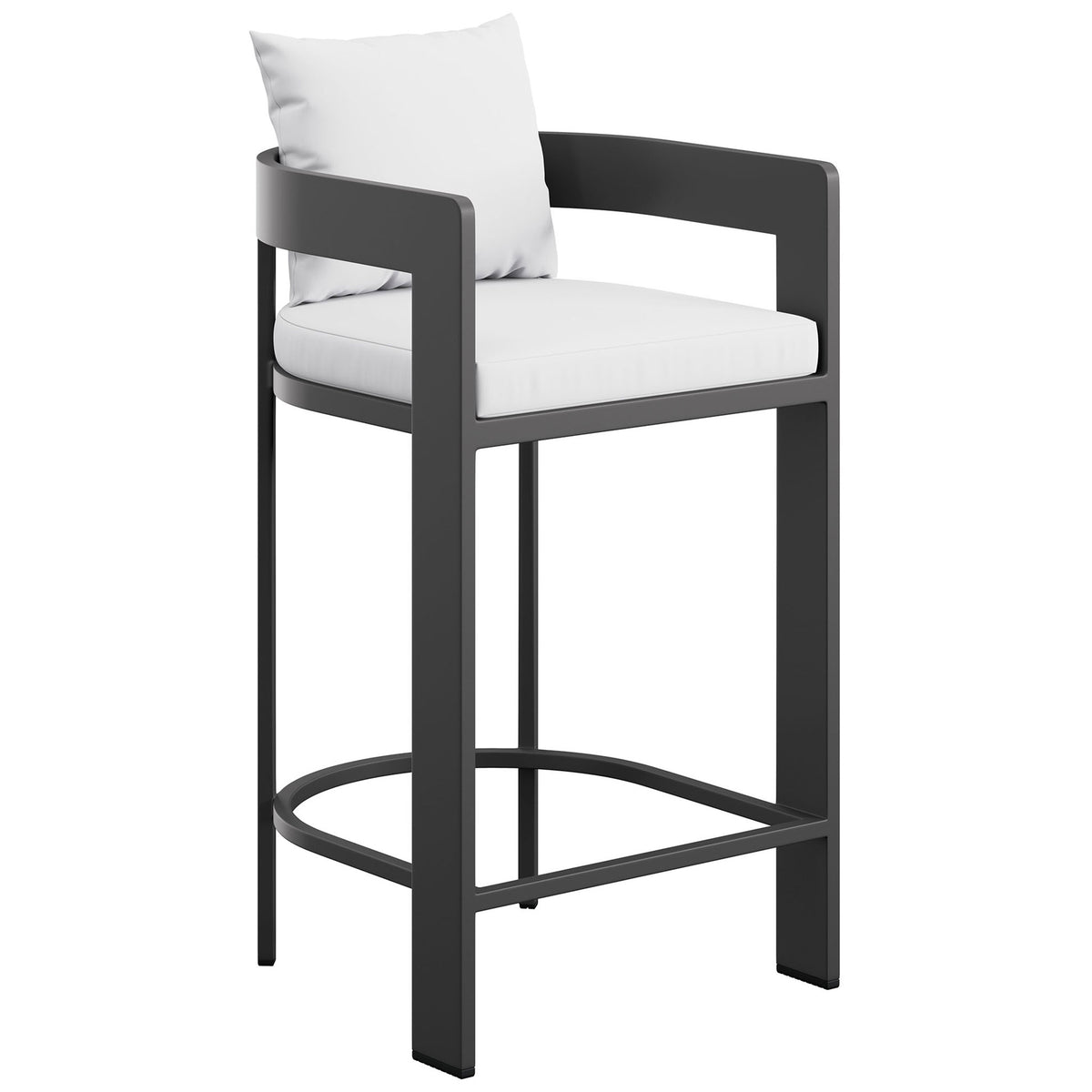 Curved arms and bright white cushions give this outdoor bar chair a sleek, inviting style. || EEI-7595-WHI || front_angle_studio