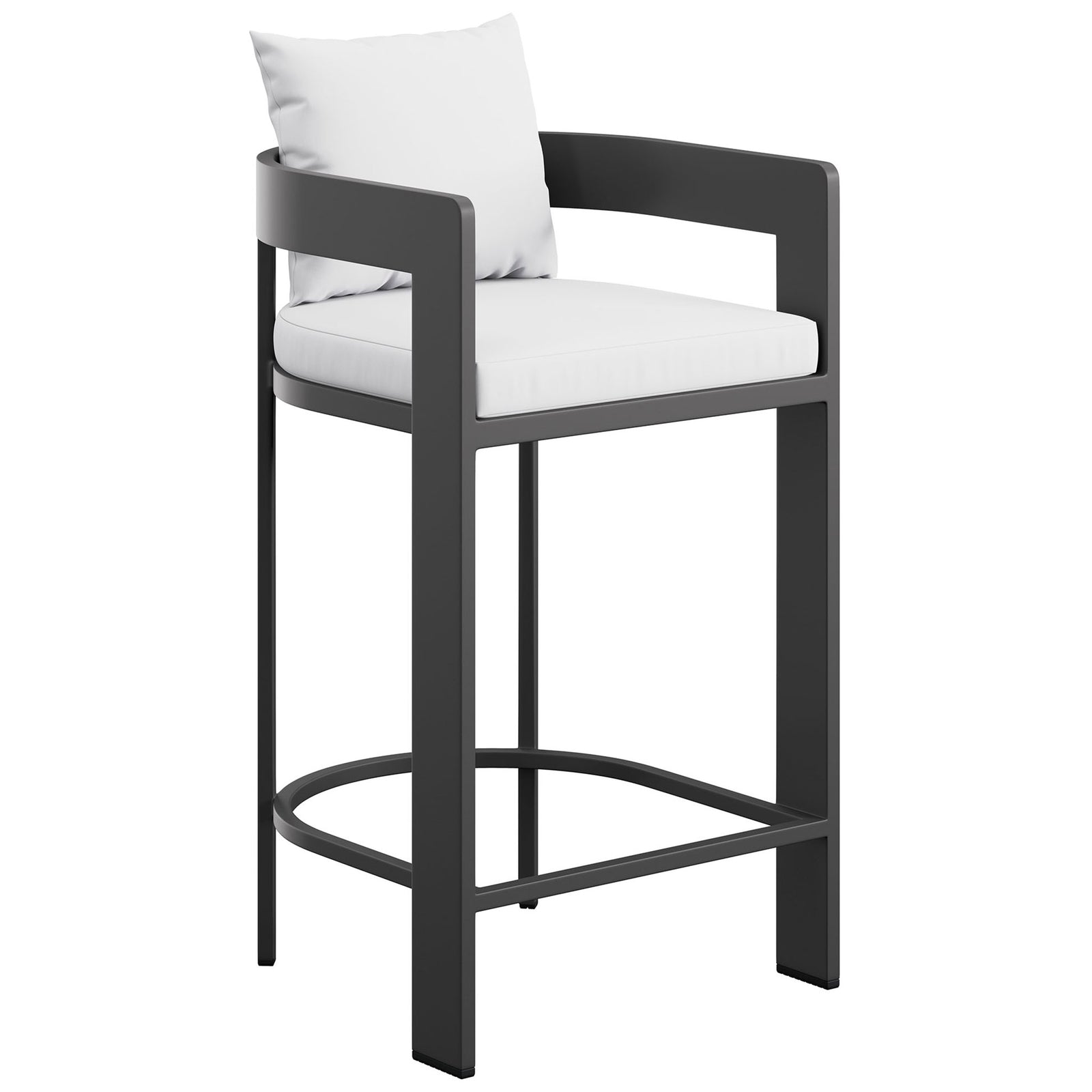 Curved arms and bright white cushions give this outdoor bar chair a sleek, inviting style. || EEI-7595-WHI || front_angle_studio