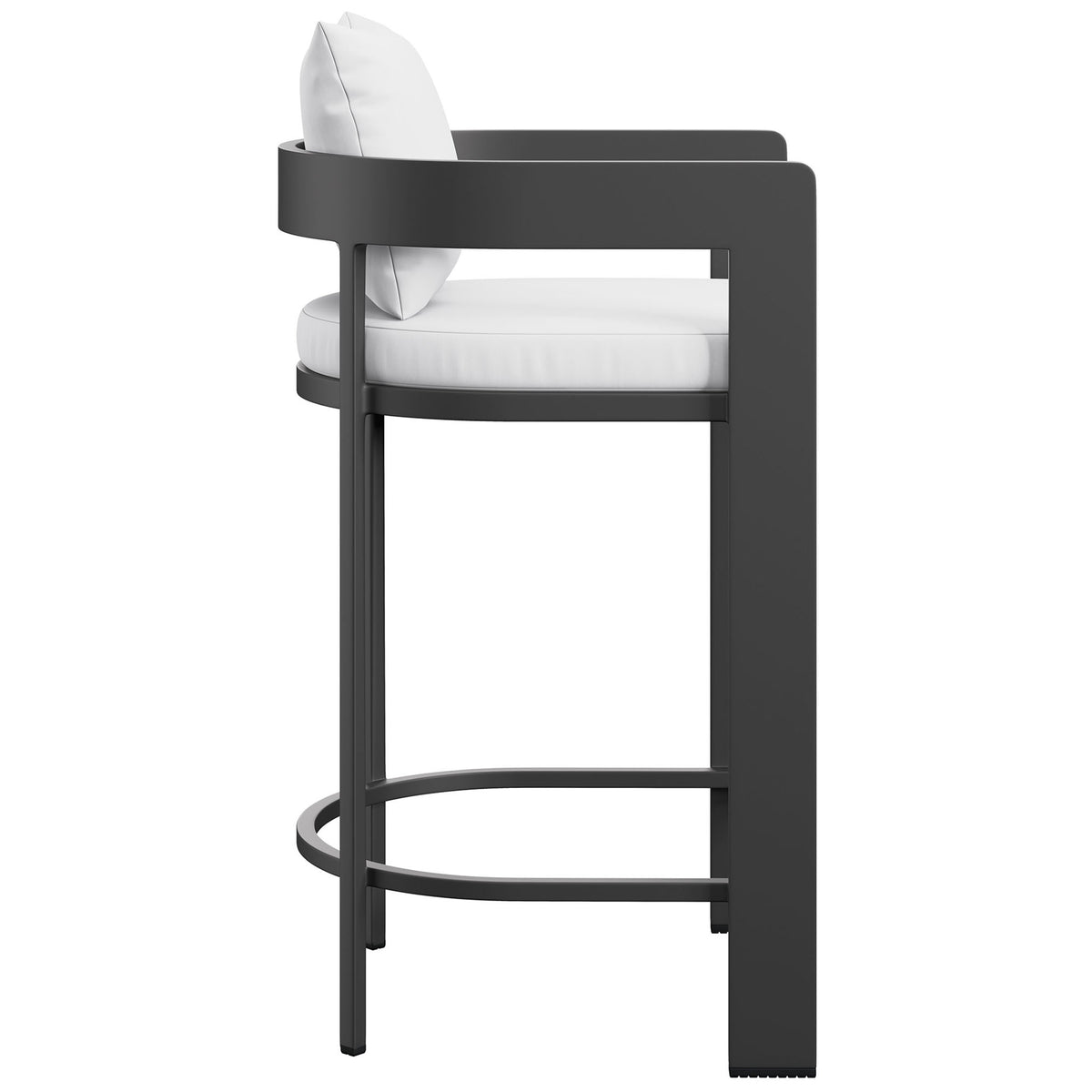 Tahoe bar chair shows slim legs, integrated footrest, and supportive white seat cushion for modern patios. || EEI-7595-WHI || side_studio