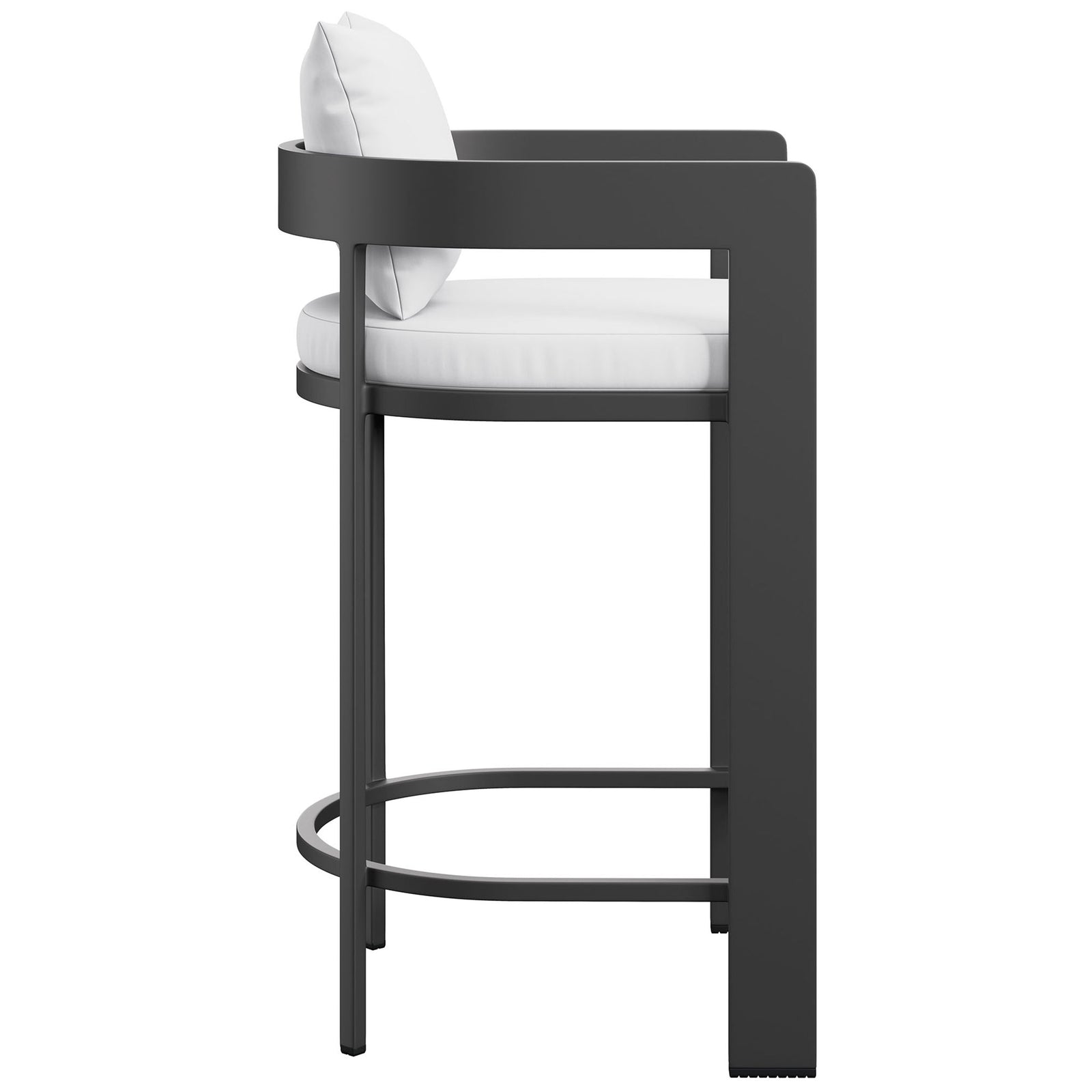 Tahoe bar chair shows slim legs, integrated footrest, and supportive white seat cushion for modern patios. || EEI-7595-WHI || side_studio