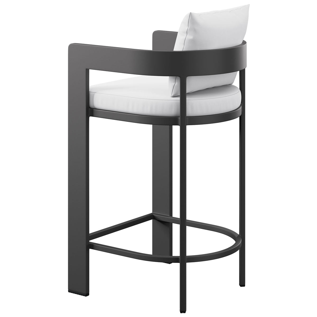 Wraparound barrel back and sturdy dark frame define the sculptural look of this white bar chair. || EEI-7595-WHI || back_angle_studio