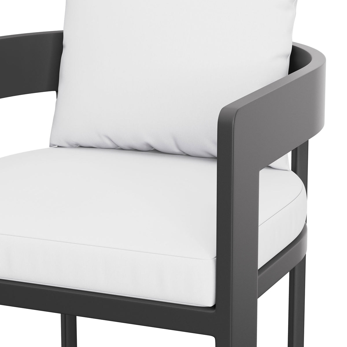 Smooth aluminum arm and plush white cushions underscore the comfort of the Tahoe outdoor bar chair. || EEI-7595-WHI || detail_studio
