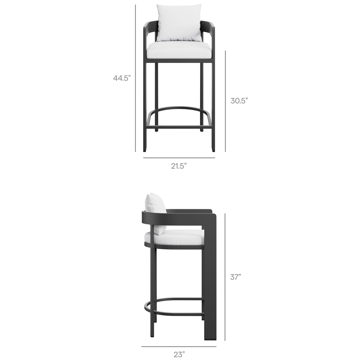 Dimension diagram of the Tahoe bar chair showing 44.5 inch height, 21.5 inch width, and 30.5 inch seat height. || EEI-7595-WHI || dimension_studio