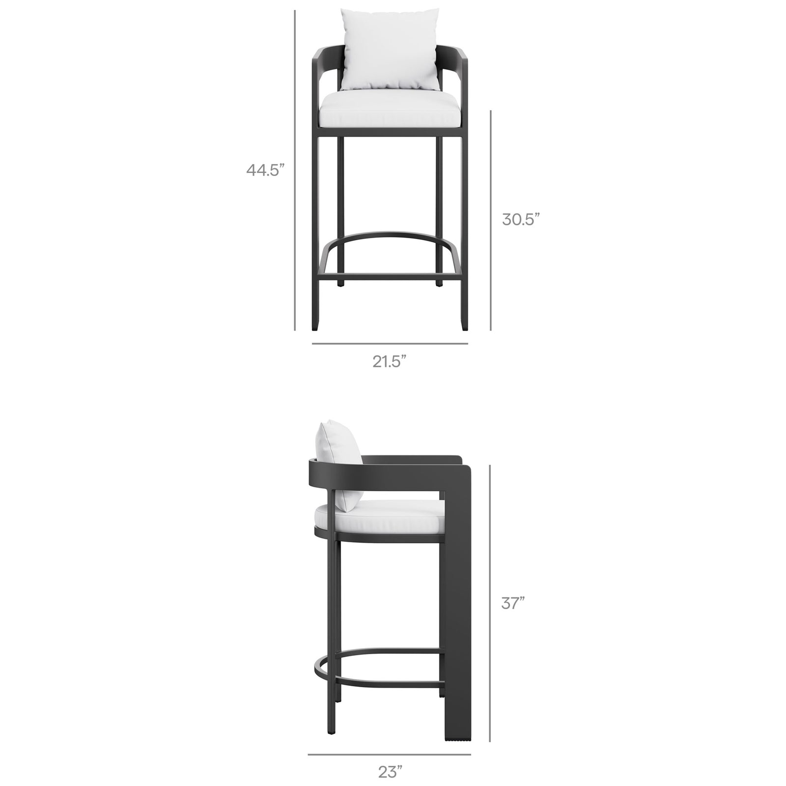Dimension diagram of the Tahoe bar chair showing 44.5 inch height, 21.5 inch width, and 30.5 inch seat height. || EEI-7595-WHI || dimension_studio