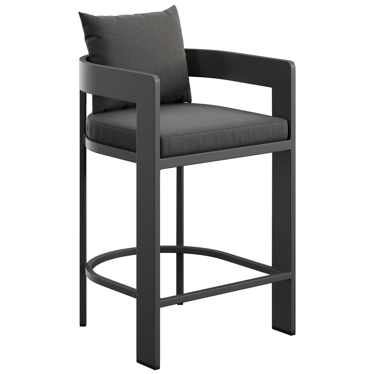Curved aluminum arms and charcoal cushions give this outdoor counter stool a sleek, inviting look. || EEI-7596-CHA || front_angle_studio