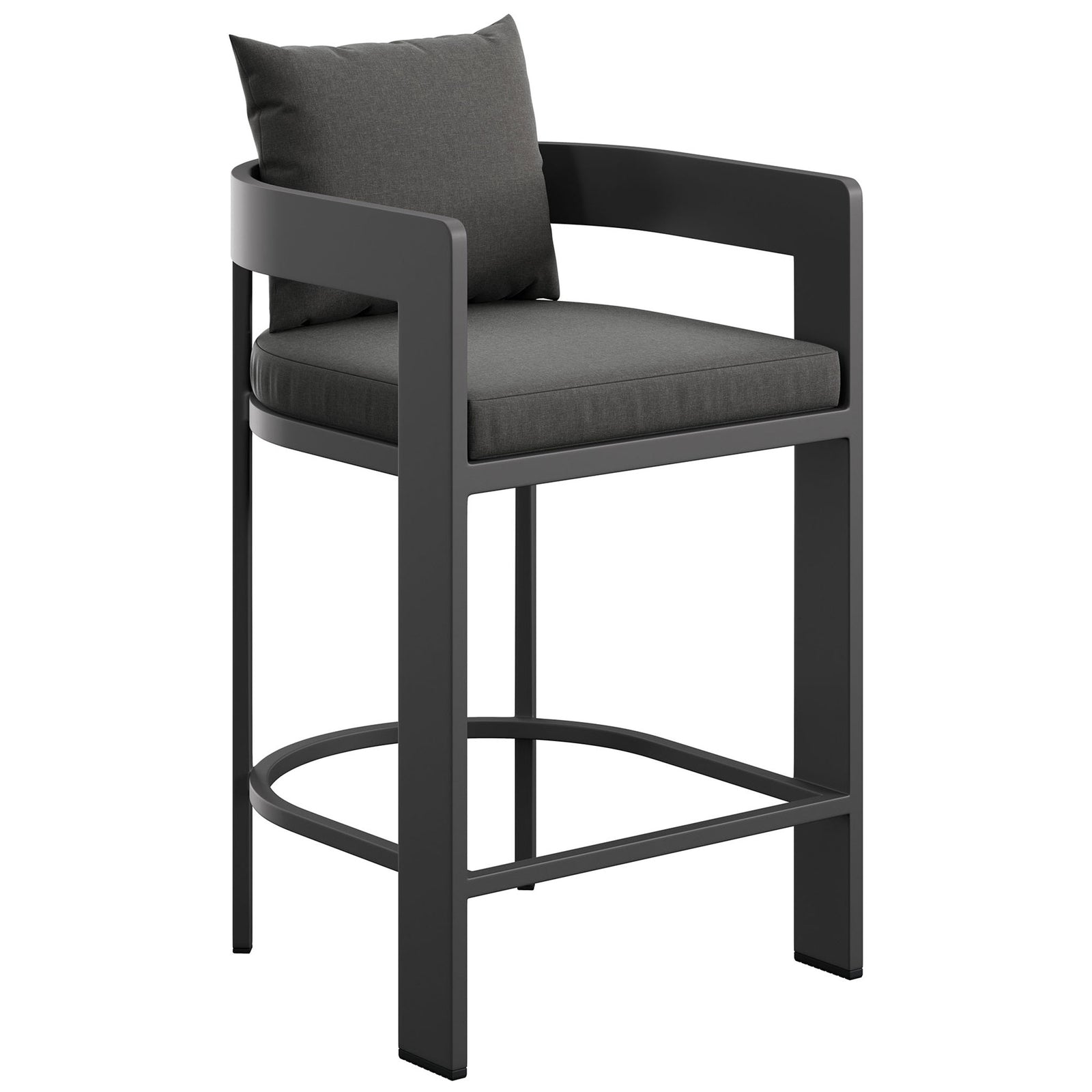 Curved aluminum arms and charcoal cushions give this outdoor counter stool a sleek, inviting look. || EEI-7596-CHA || front_angle_studio