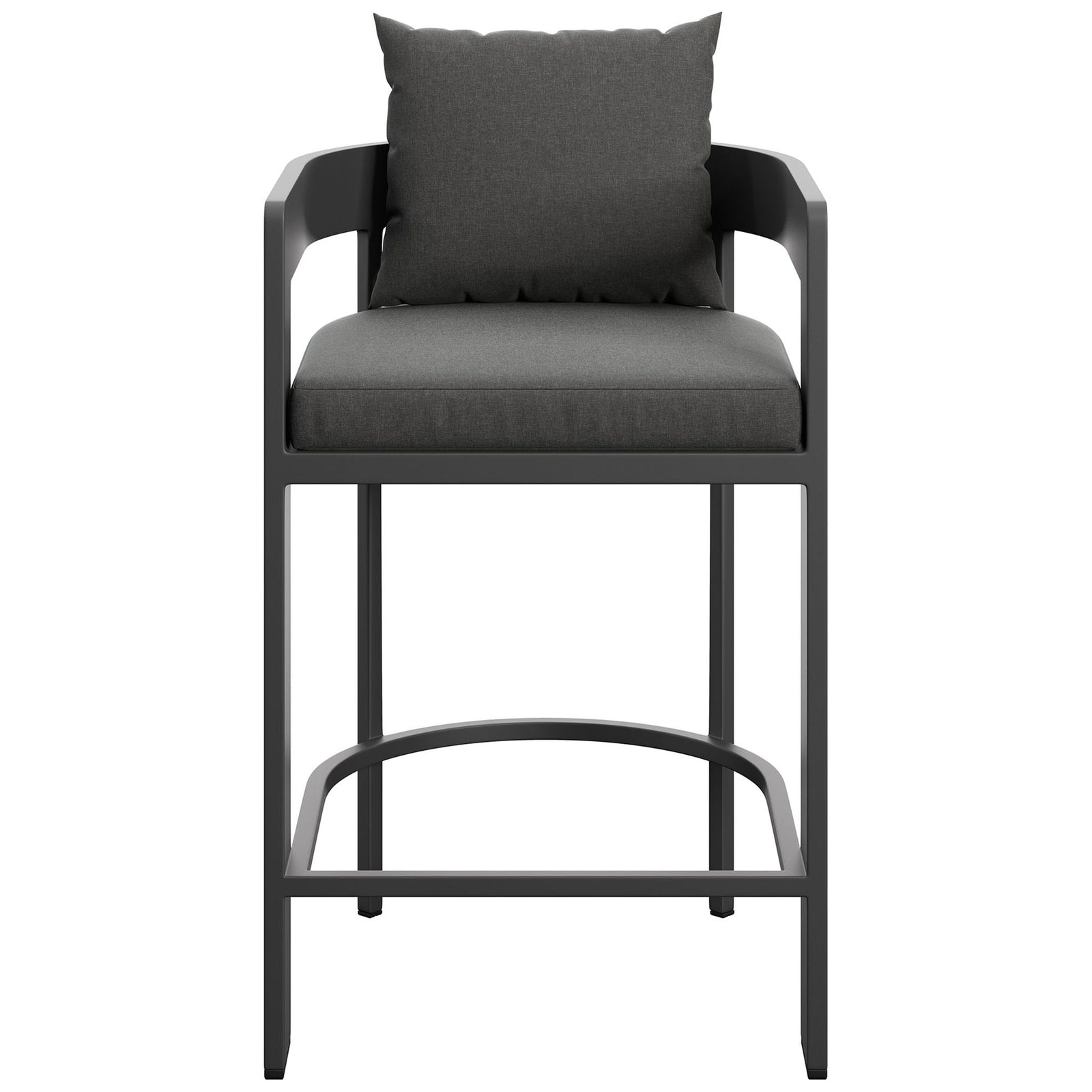 Charcoal aluminum counter stool with barrel back, plush cushions, and wraparound footrest for modern patios. || EEI-7596-CHA || front_studio