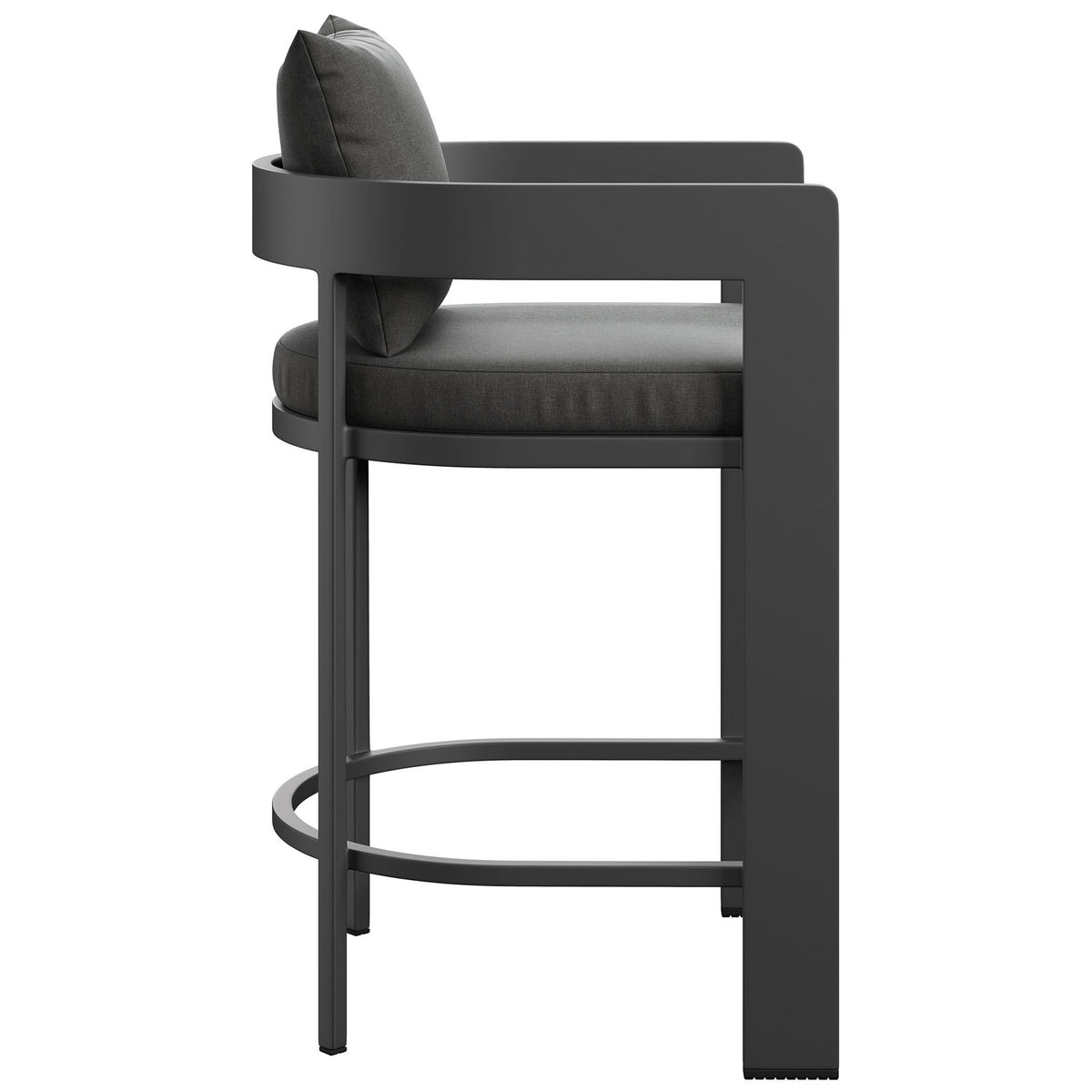 Tahoe counter stool shows slim legs, curved back, and thick charcoal seat cushion for clean outdoor style. || EEI-7596-CHA || side_studio