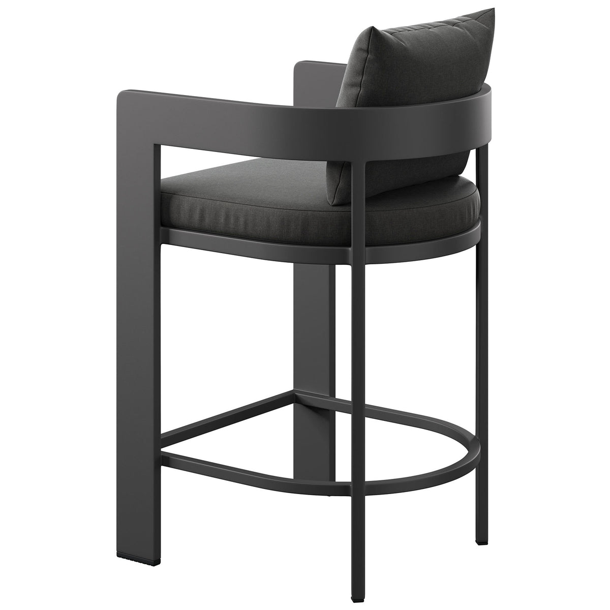 Barrel-style wraparound back and metal frame showcase the sculpted shape of this charcoal counter stool. || EEI-7596-CHA || back_angle_studio