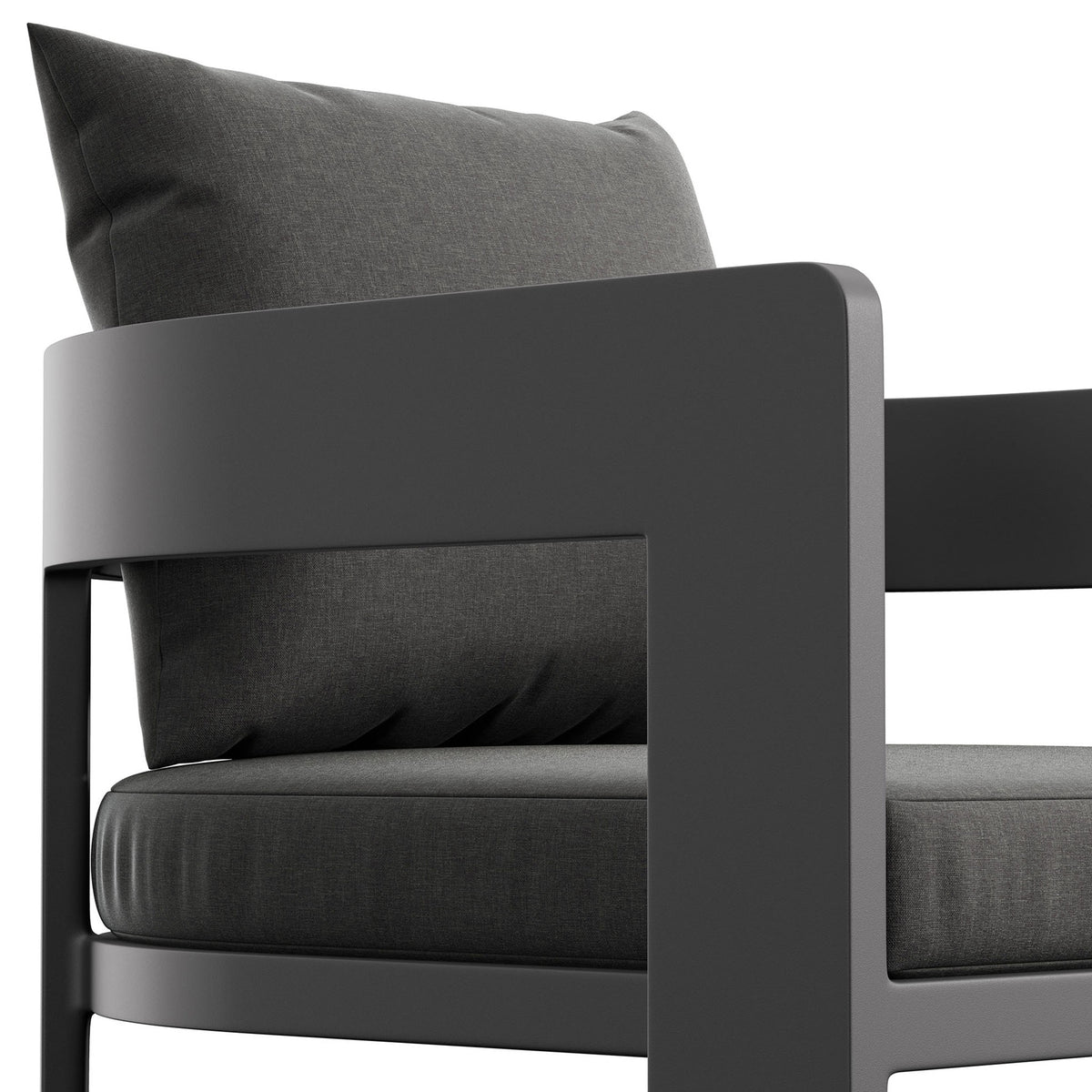 Smooth aluminum arm and tailored charcoal cushions highlight the refined comfort of this Tahoe counter stool. || EEI-7596-CHA || detail_studio