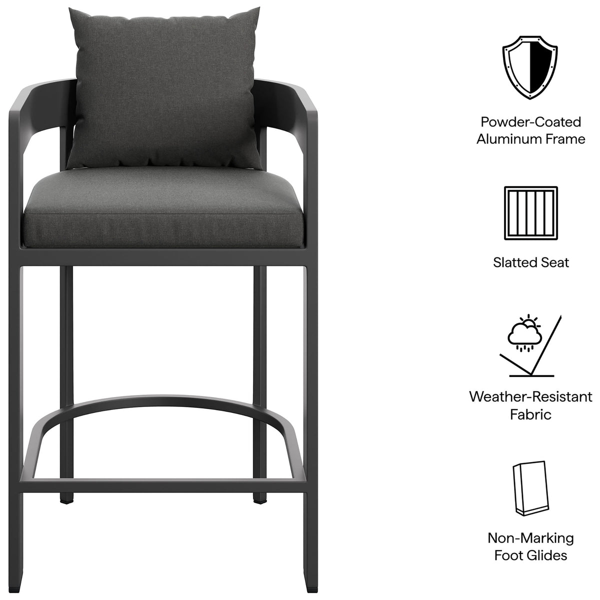 Feature graphic for the Tahoe counter stool with powder-coated frame, slatted seat, and weather-resistant fabric. || EEI-7596-CHA || callout_studio