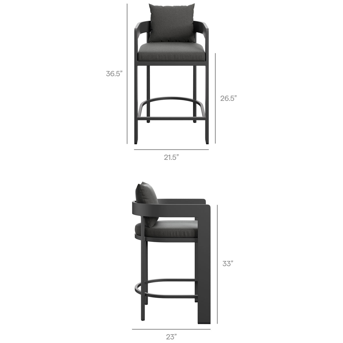 Dimension diagram of the Tahoe counter stool showing 36.5 inch height, 21.5 inch width, and 26.5 inch seat height. || EEI-7596-CHA || dimension_studio