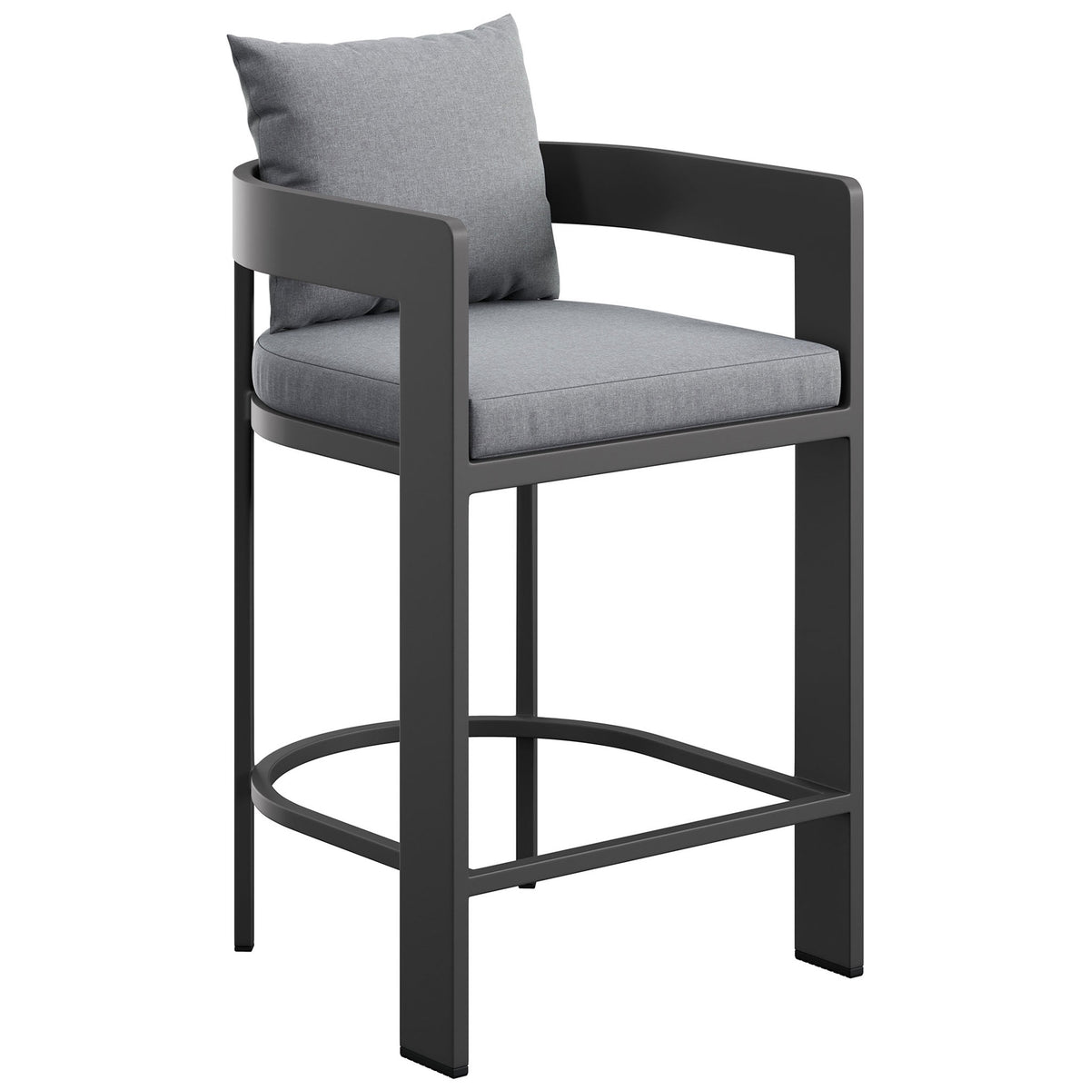 Curved aluminum arms and soft gray cushions give this outdoor counter stool a relaxed, tailored look. || EEI-7596-GRY || front_angle_studio