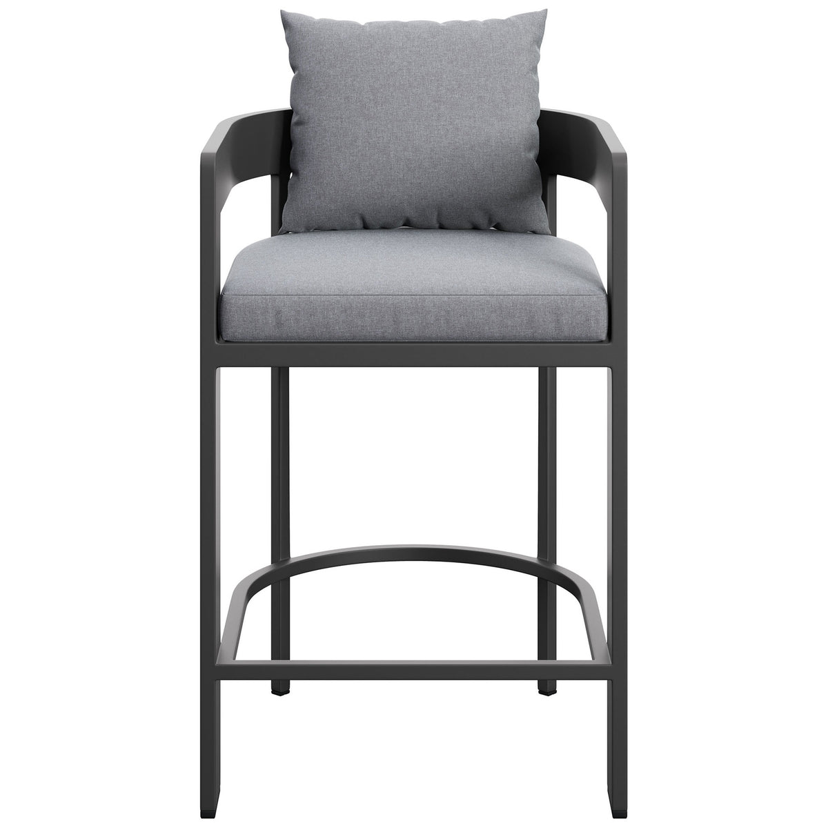Gray cushioned aluminum counter stool with barrel back and wraparound footrest for modern outdoor bars. || EEI-7596-GRY || front_studio