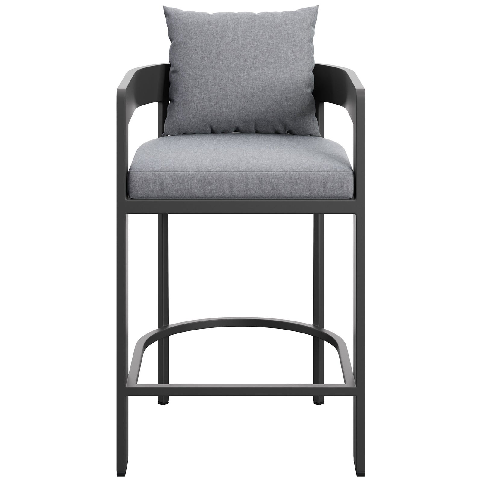 Gray cushioned aluminum counter stool with barrel back and wraparound footrest for modern outdoor bars. || EEI-7596-GRY || front_studio