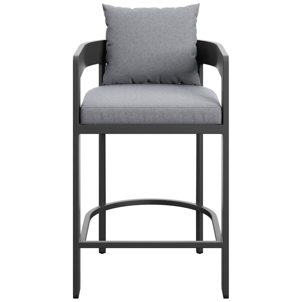 Gray cushioned aluminum counter stool with barrel back and wraparound footrest for modern outdoor bars. || EEI-7596-GRY || front_studio