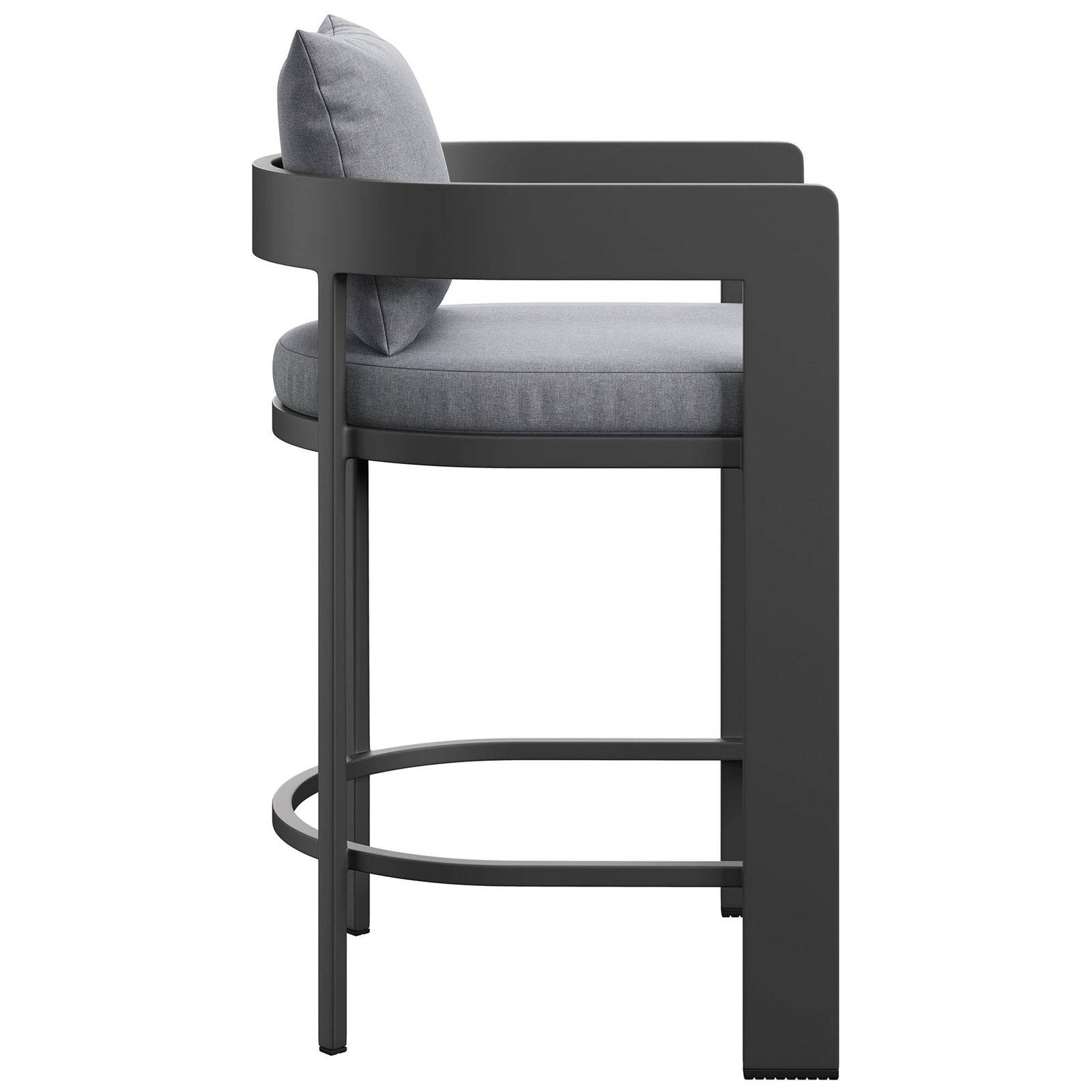 Tahoe counter stool shows slim legs, curved back, and thick gray seat cushion for clean outdoor style. || EEI-7596-GRY || side_studio