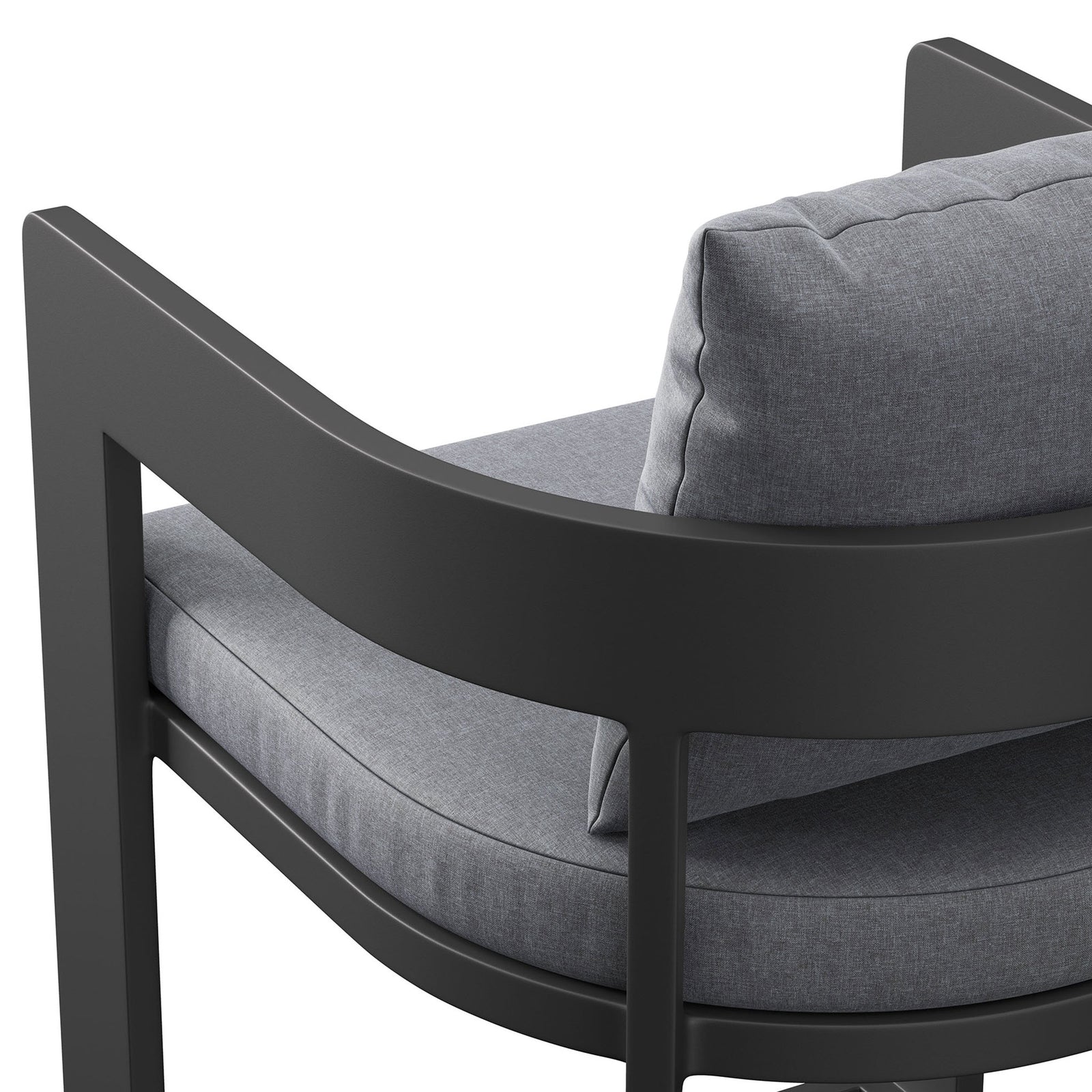 Smooth dark aluminum arm and neatly tailored gray cushions enhance the refined feel of the Tahoe counter stool. || EEI-7596-GRY || detail_studio