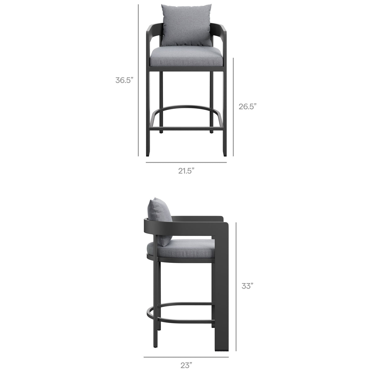 Dimension diagram of the Tahoe counter stool showing 36.5 inch height, 21.5 inch width, and 26.5 inch seat height. || EEI-7596-GRY || dimension_studio
