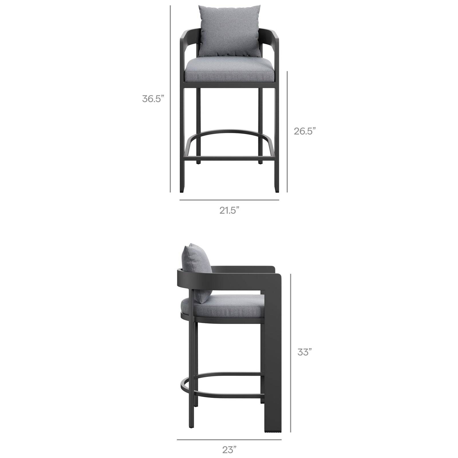Dimension diagram of the Tahoe counter stool showing 36.5 inch height, 21.5 inch width, and 26.5 inch seat height. || EEI-7596-GRY || dimension_studio