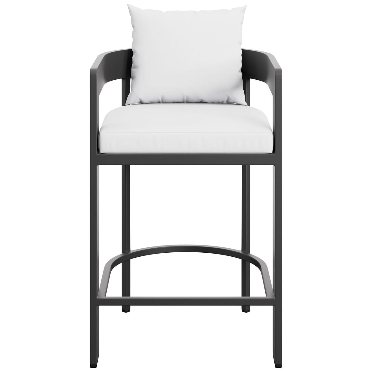 White cushioned aluminum counter stool with barrel back, thick seat, and wraparound footrest for bright, modern patios. || EEI-7596-WHI || front_studio