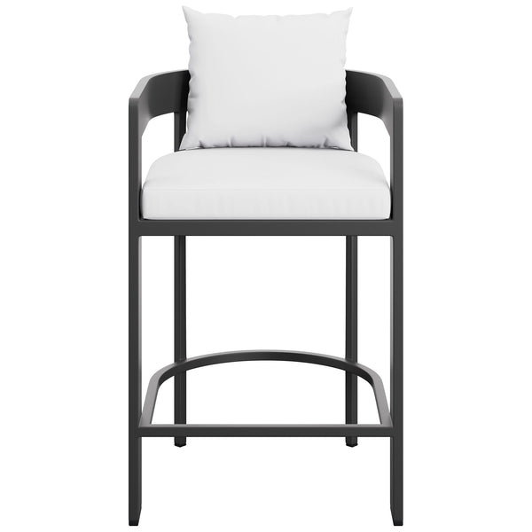 White cushioned aluminum counter stool with barrel back, thick seat, and wraparound footrest for bright, modern patios. || EEI-7596-WHI || front_studio