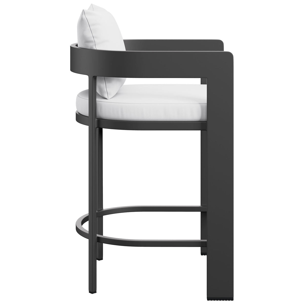 Tahoe counter stool features slim legs, curved back, and thick white seat cushion for clean outdoor seating. || EEI-7596-WHI || side_studio