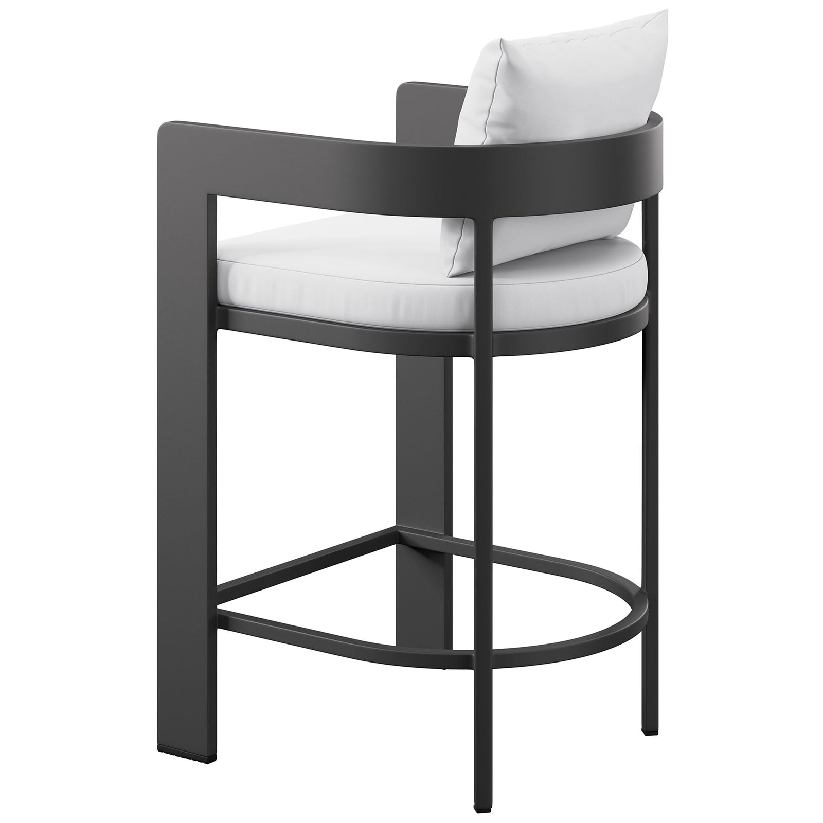 Barrel-style wraparound back and metal frame emphasize the sculpted form of this white counter stool. || EEI-7596-WHI || back_angle_studio