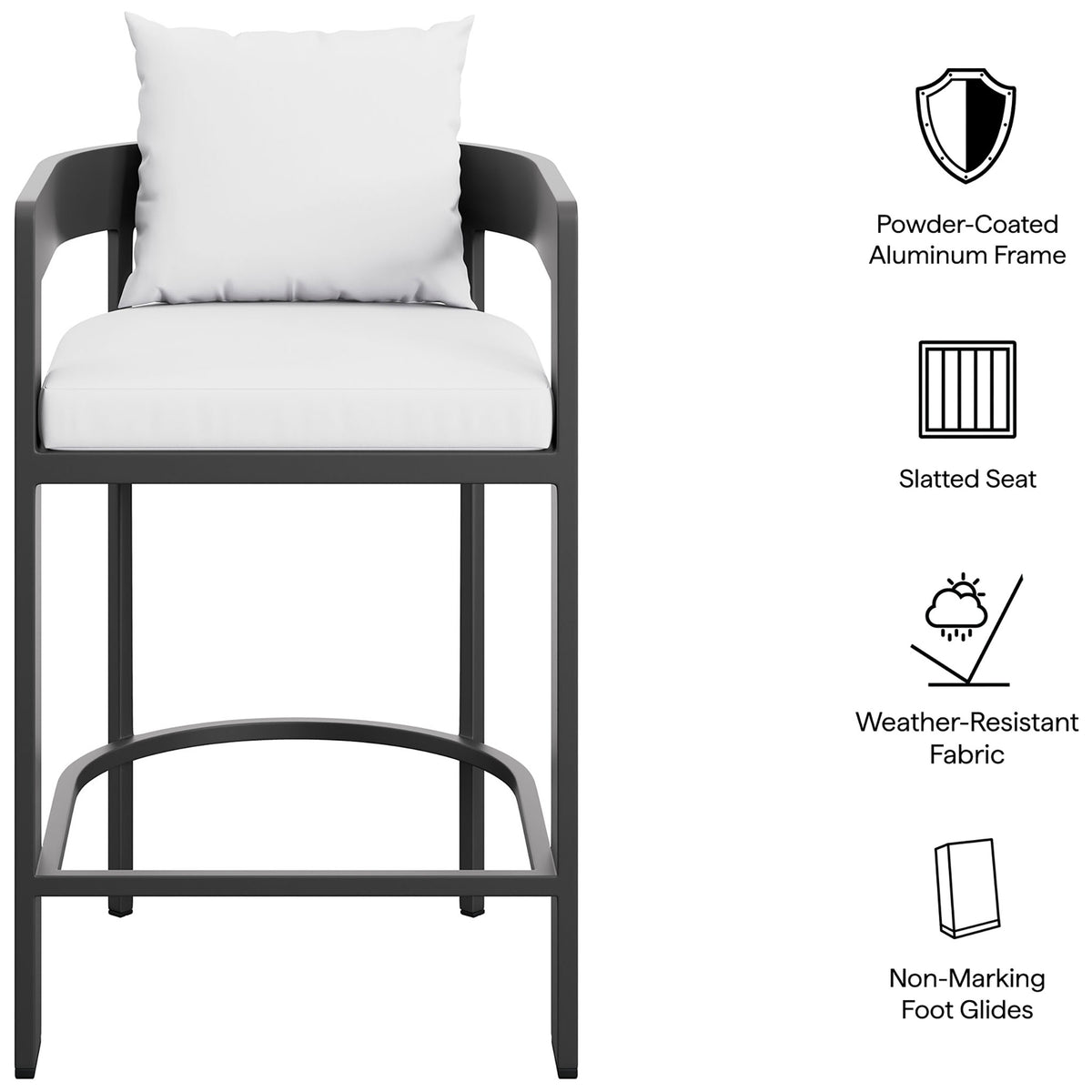 Feature graphic for the Tahoe counter stool with powder-coated frame, slatted seat, and weather-resistant fabric. || EEI-7596-WHI || callout_studio