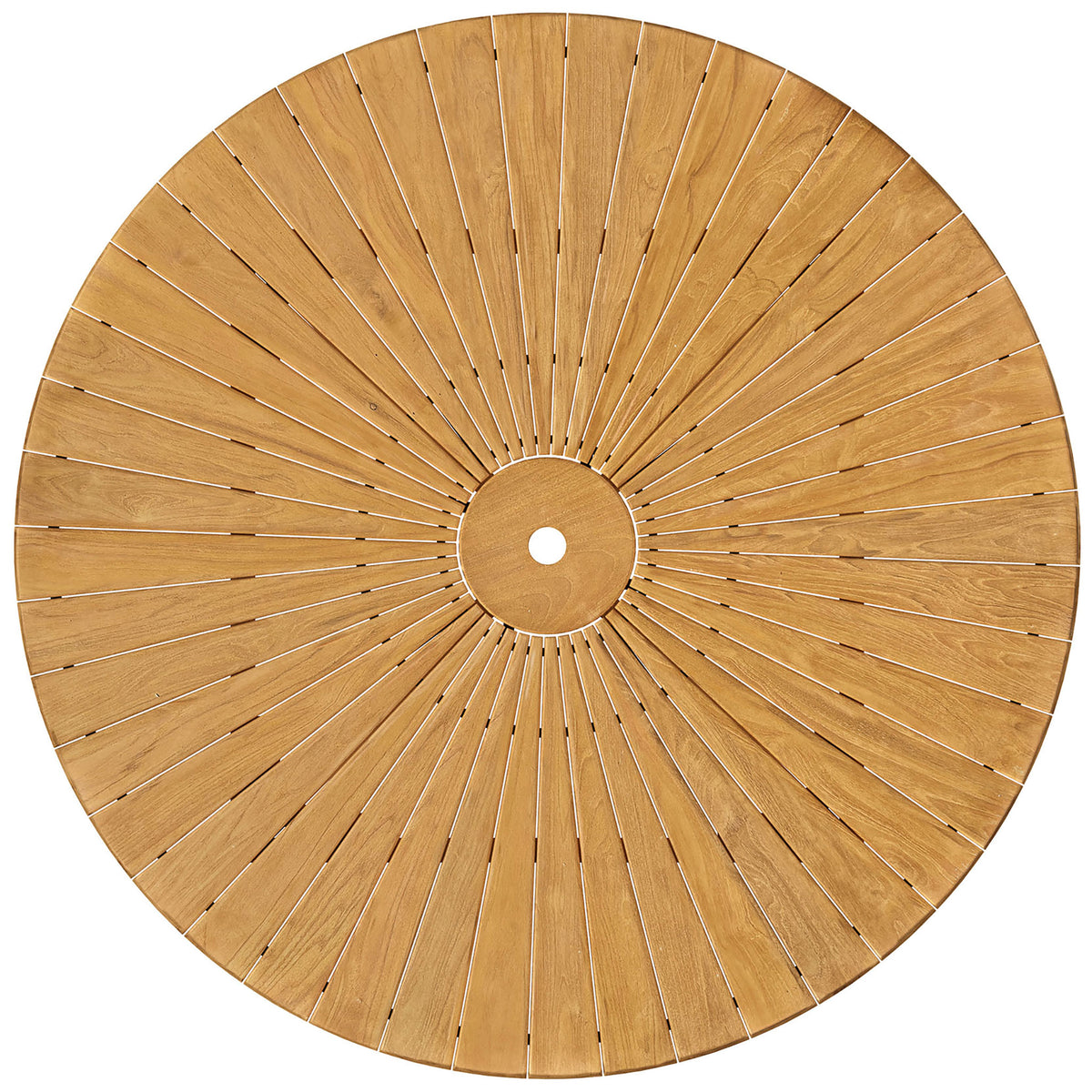 Radiating sunburst teak tabletop design with centered umbrella hole on the Cielo outdoor dining table || EEI-7601-NAT || detail_studio