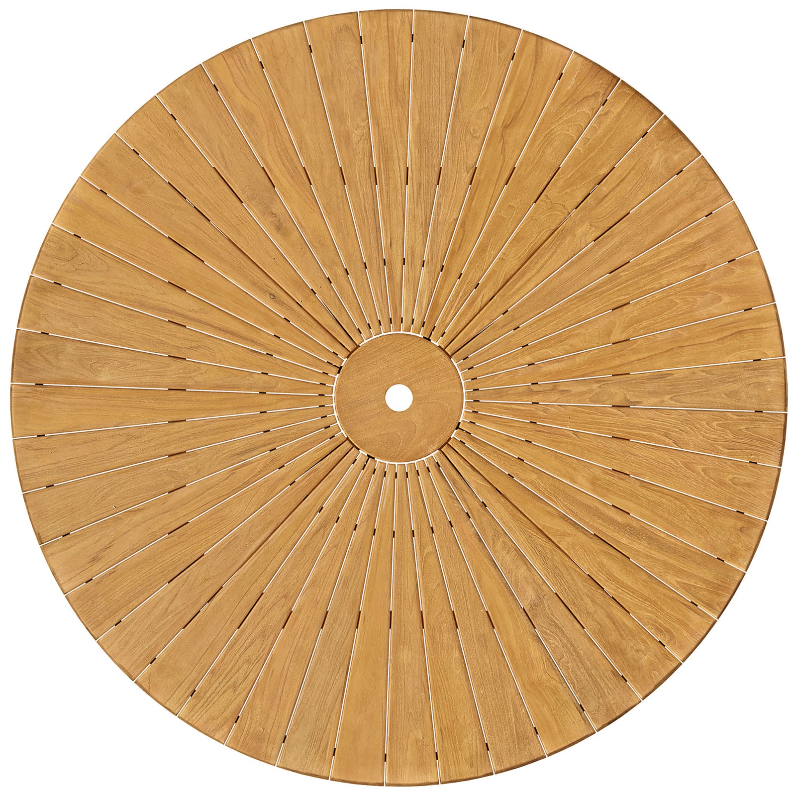 Radiating sunburst teak tabletop design with centered umbrella hole on the Cielo outdoor dining table || EEI-7601-NAT || detail_studio