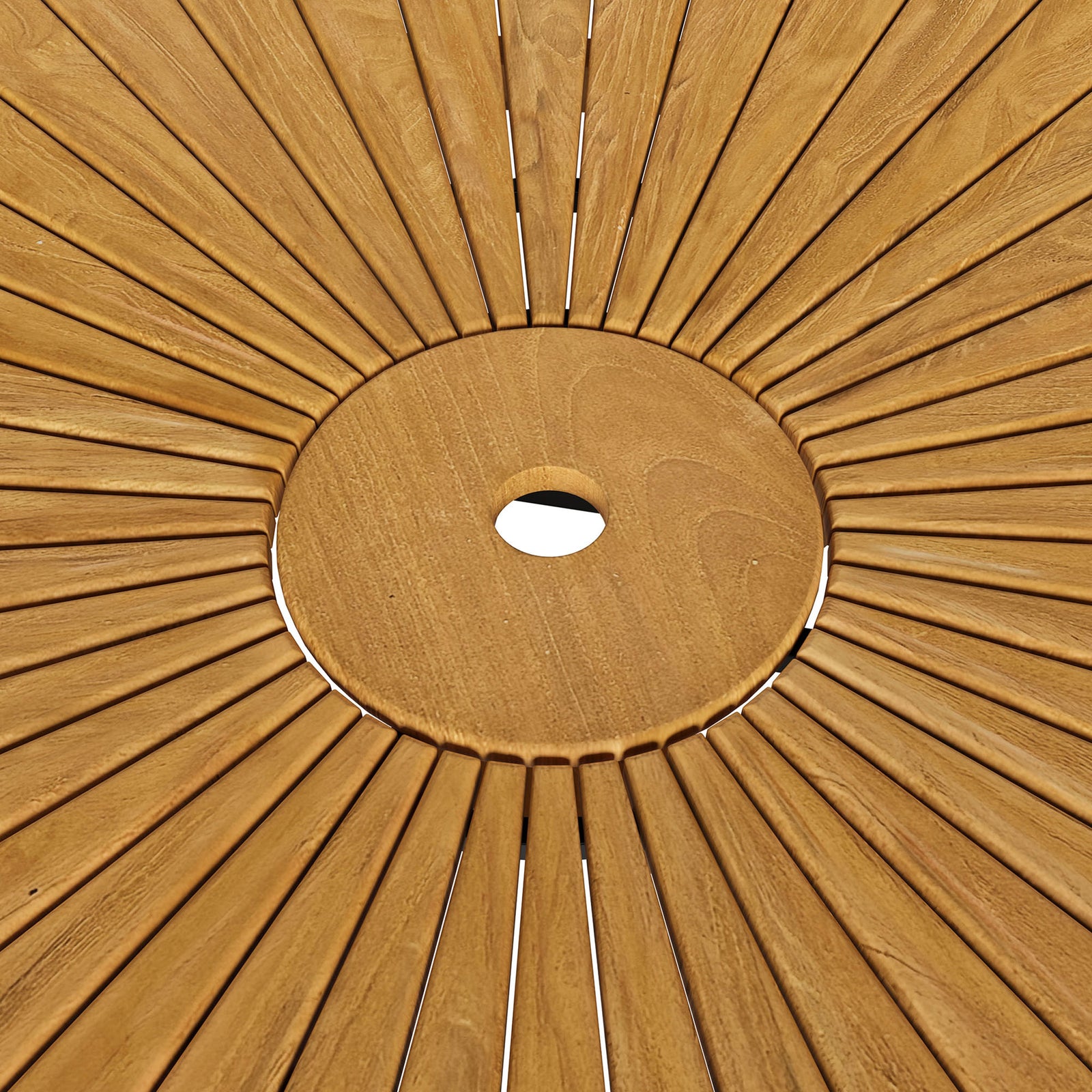 Umbrella hole detail with circular teak inlay and finely spaced sunburst slats on the Cielo dining table || EEI-7601-NAT || detail_studio