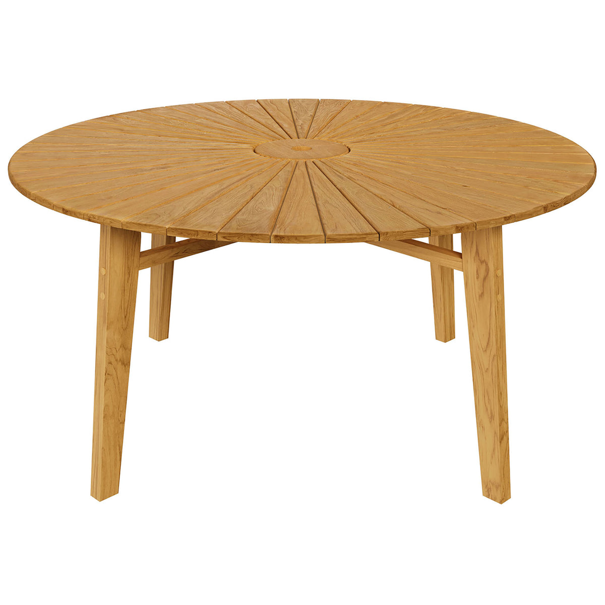 Cielo round teak patio dining table with sturdy cross brace base and slim tapered legs || EEI-7601-NAT || front_studio