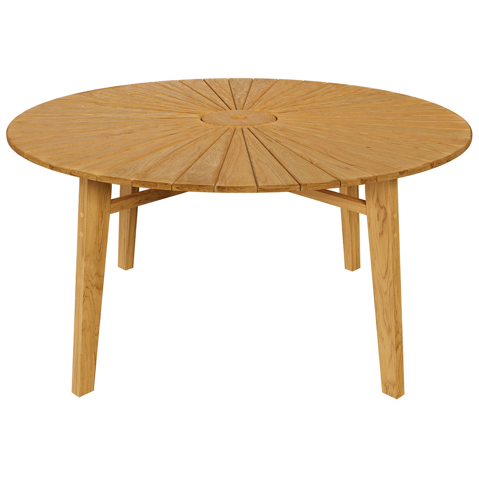 Cielo round teak patio dining table with sturdy cross brace base and slim tapered legs || EEI-7601-NAT || front_studio