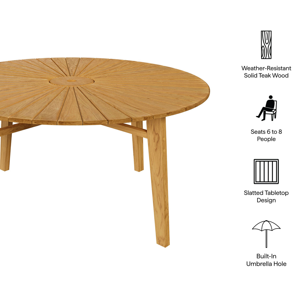 Cielo round teak patio dining table highlighting weather-resistant wood, umbrella hole, and seating for six to eight || EEI-7601-NAT || callout_studio