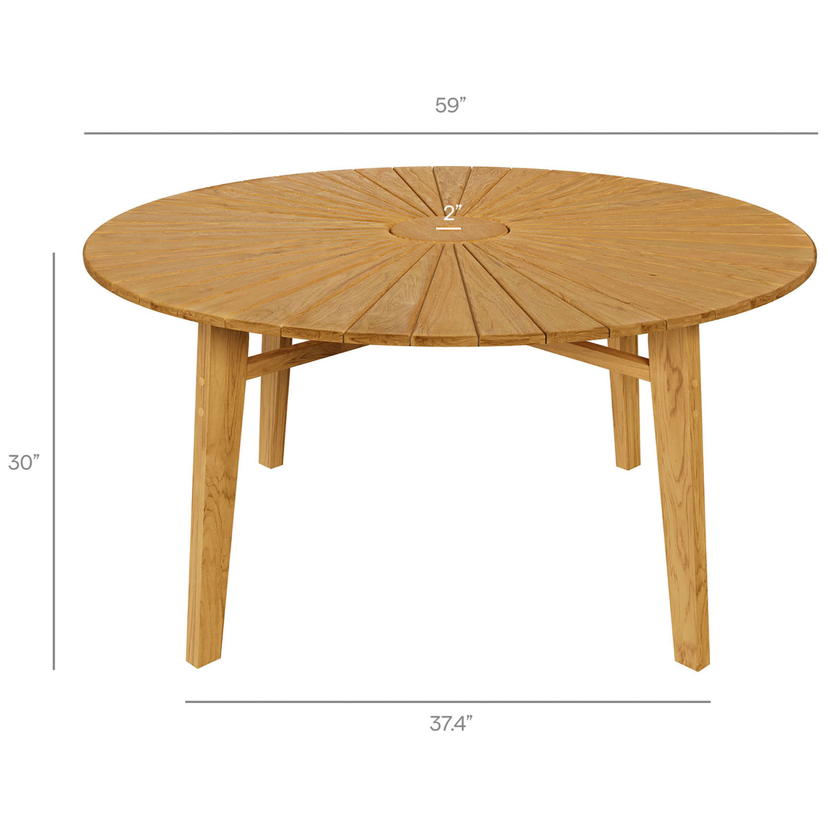 Dimensions diagram of the Cielo 59-inch round teak outdoor dining table with umbrella hole and leg spacing || EEI-7601-NAT || dimension_studio