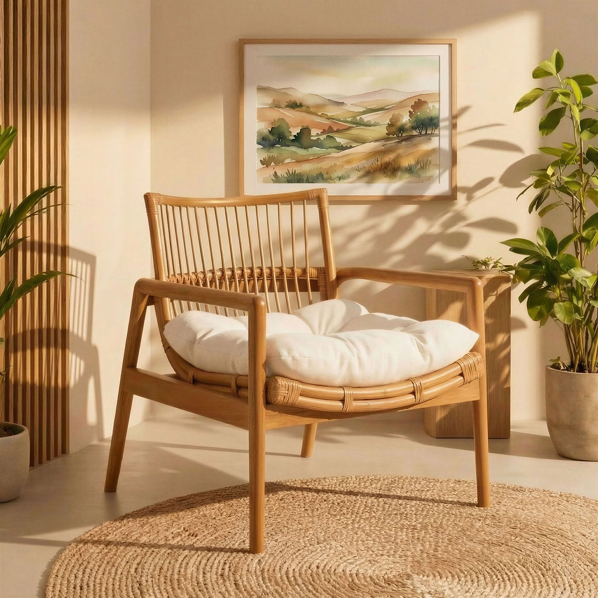 Relaxed coastal vibe with airy rattan and mahogany tones || EEI-7602-BRN-WHI || front_angle_room