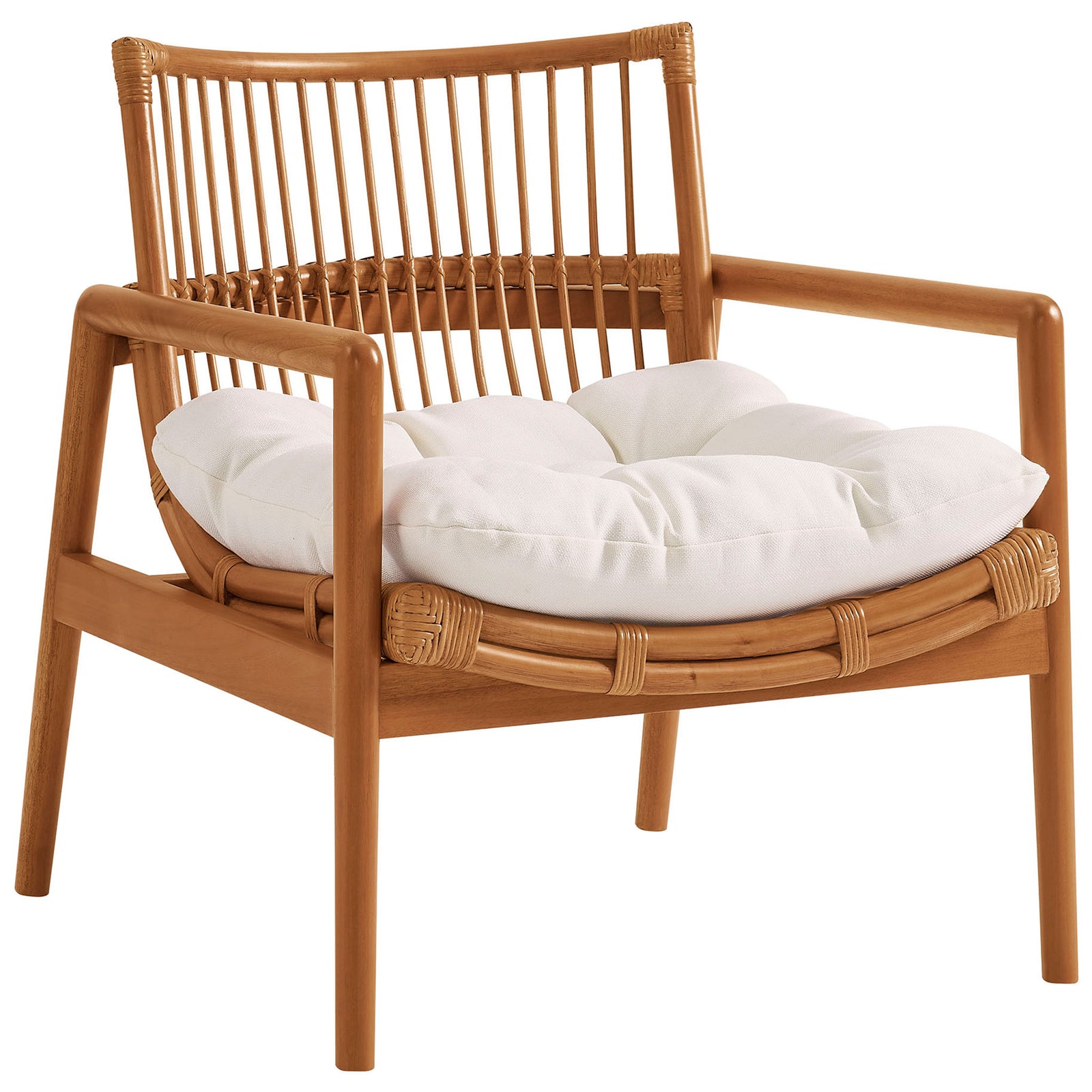 Airy rattan lounge chair with mahogany frame and plush white tufted cushion || EEI-7602-BRN-WHI || front_angle_studio