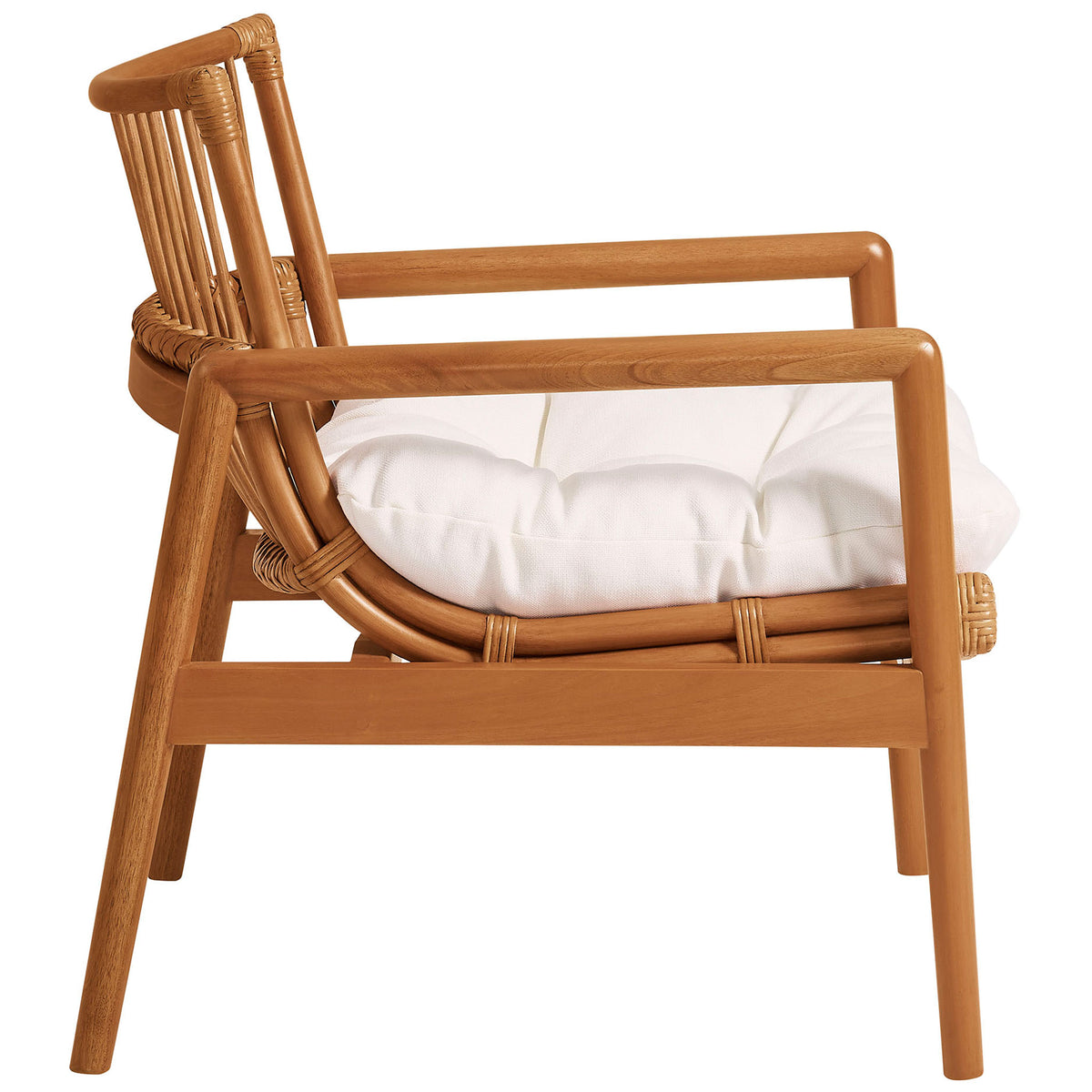 Slim profile shows sculpted mahogany arms and curved rattan seat with cushioned comfort || EEI-7602-BRN-WHI || side_studio