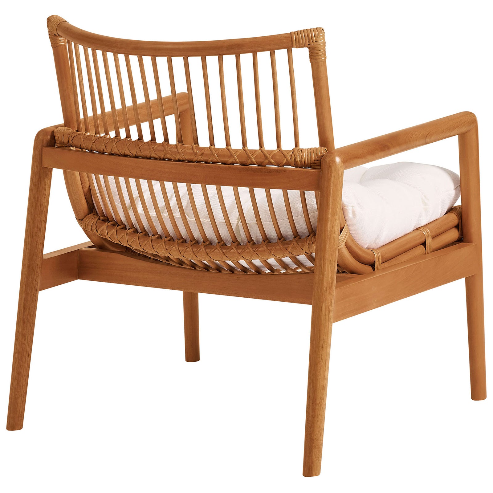 Woven rattan backrest and curved seat cradle wrapped by smooth mahogany wood frame || EEI-7602-BRN-WHI || back_angle_studio