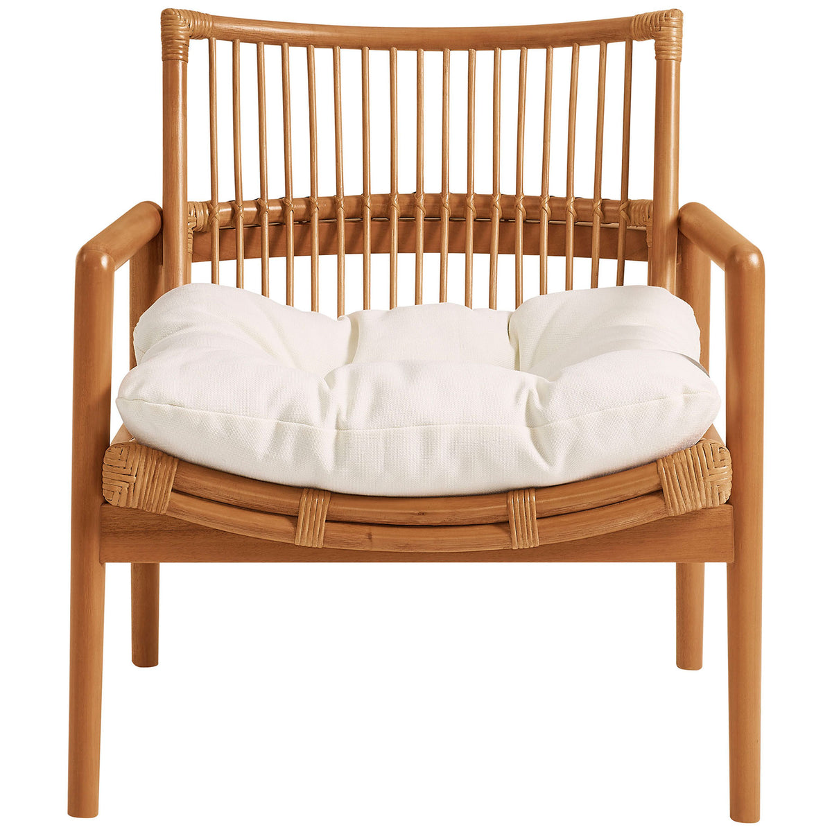 Clean-lined lounge chair with vertical rattan back and cloud-like tufted seat cushion || EEI-7602-BRN-WHI || front_studio