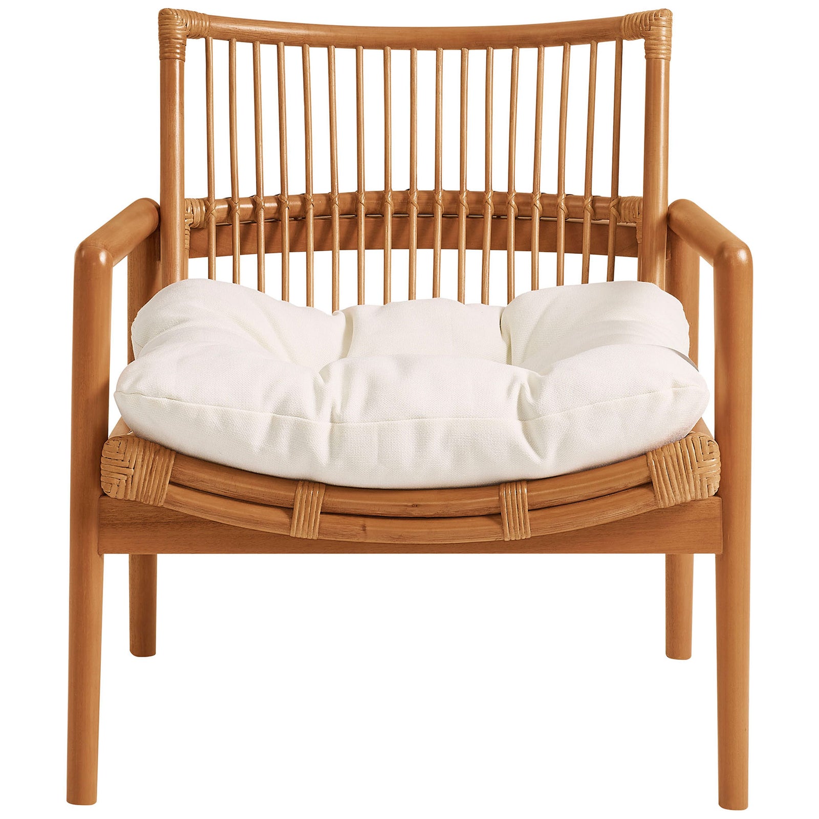 Clean-lined lounge chair with vertical rattan back and cloud-like tufted seat cushion || EEI-7602-BRN-WHI || front_studio