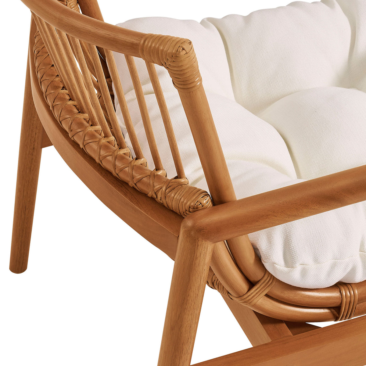 Handwoven rattan detailing at the arm with smooth wood joinery and soft cushion || EEI-7602-BRN-WHI || detail_studio