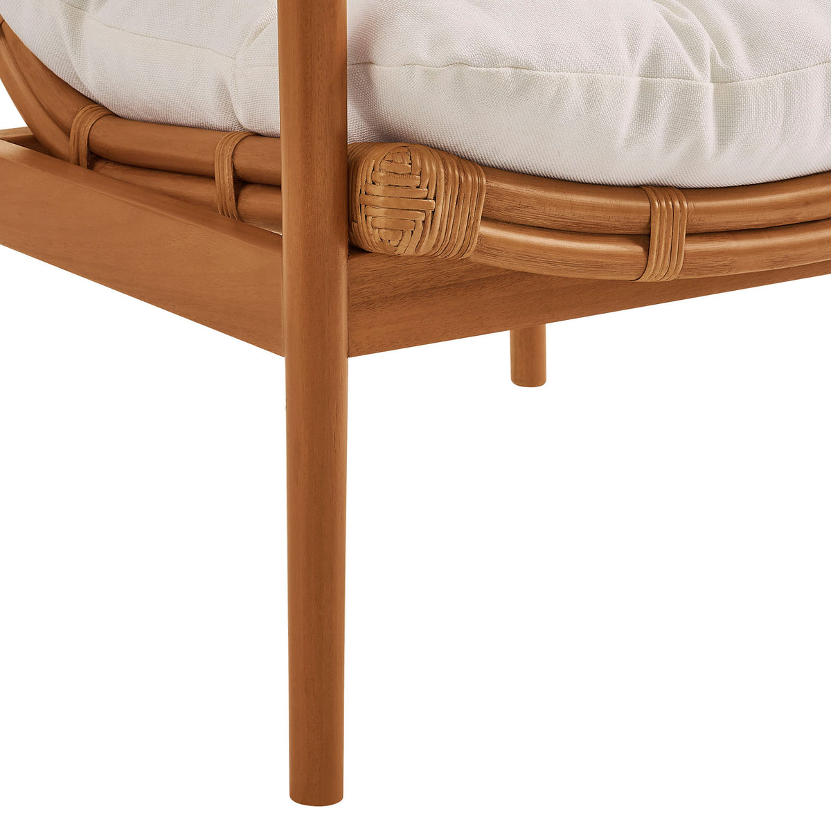 Tapered wood leg and rattan seat rim with neatly wrapped bindings || EEI-7602-BRN-WHI || leg_studio