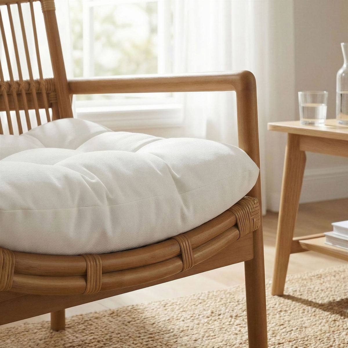 Cozy cushion and rattan edge bring warm texture to sunlit spaces || EEI-7602-BRN-WHI || detail_room