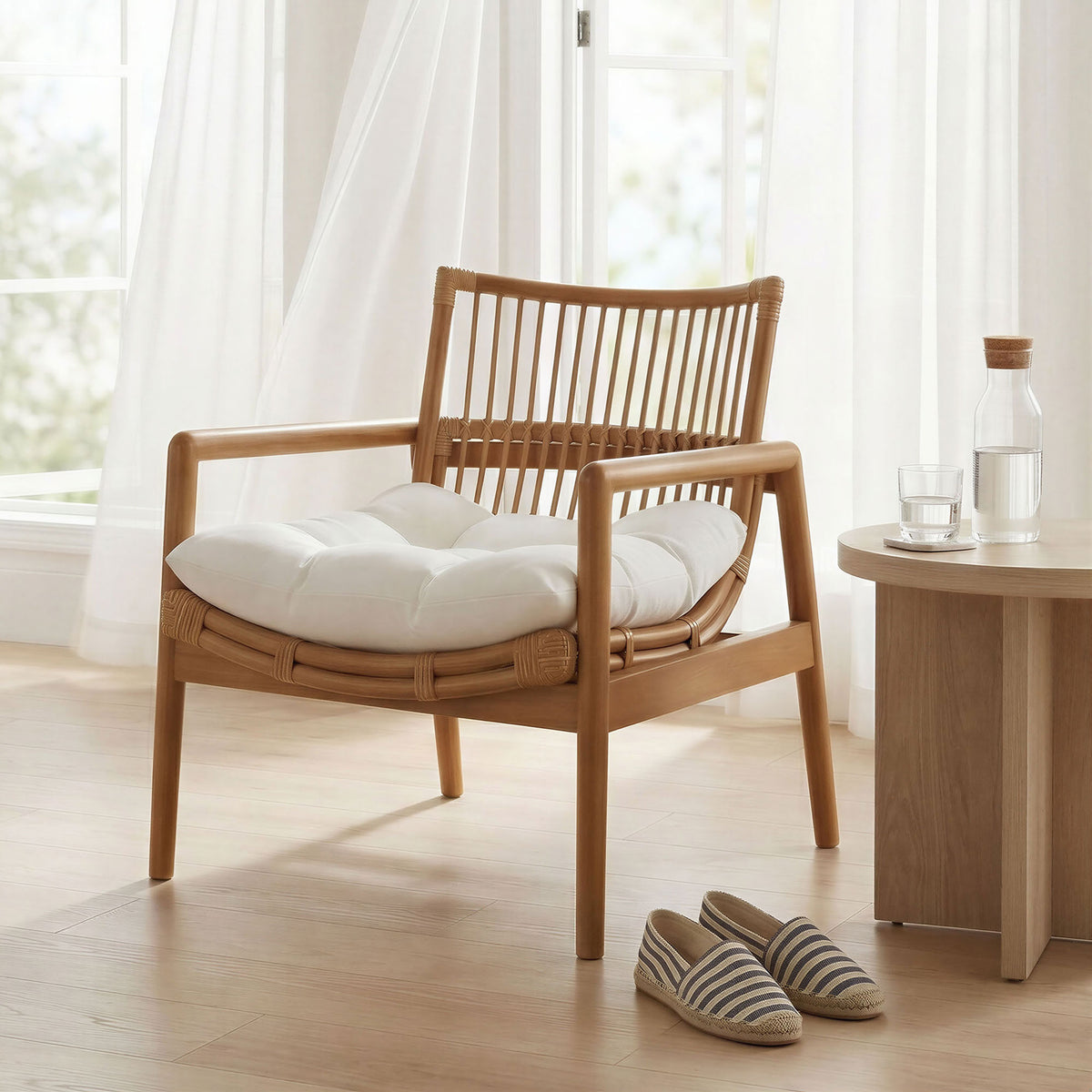 Inviting lounge chair adds light, natural warmth to a bright living nook || EEI-7602-BRN-WHI || front_angle_room