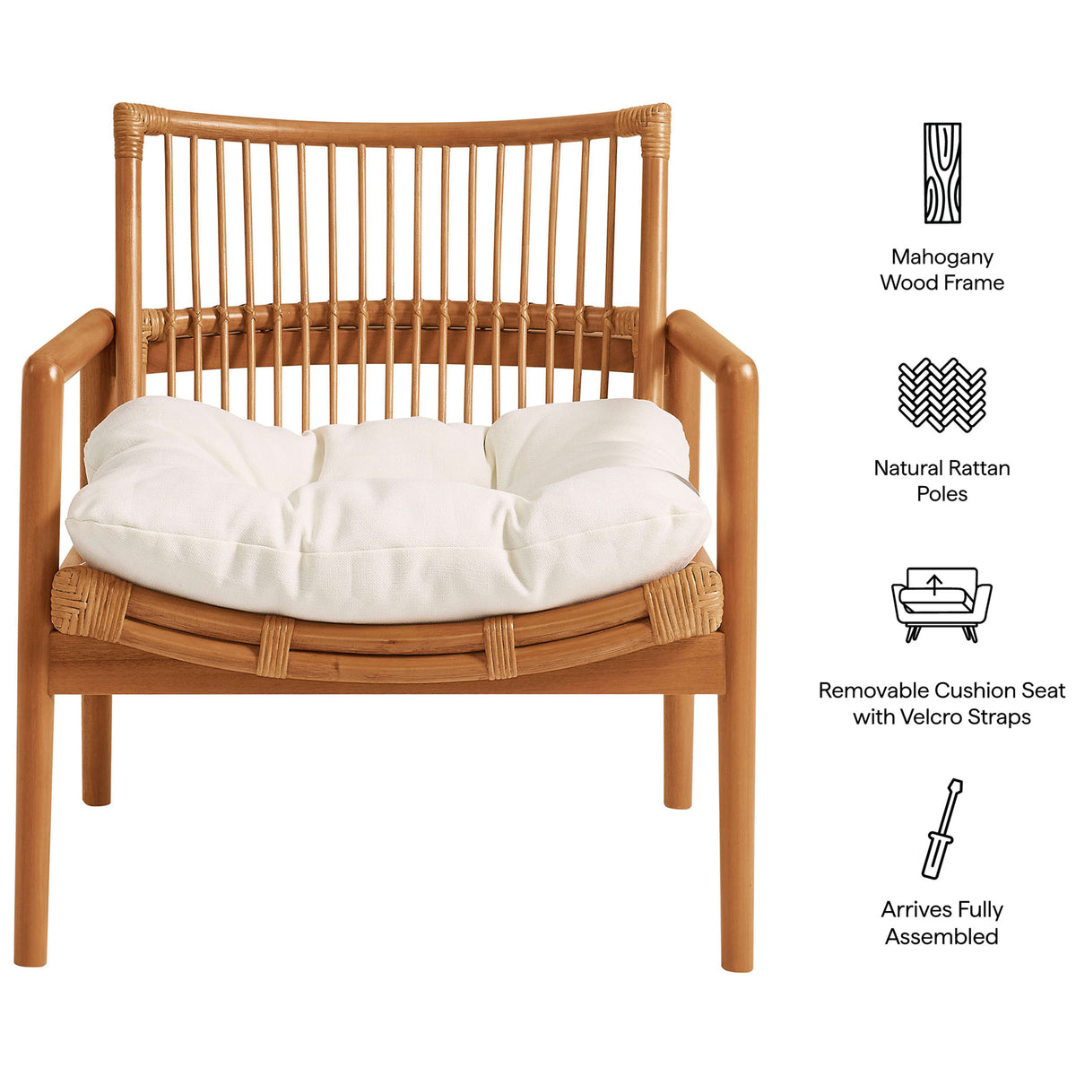 Feature highlights including mahogany frame, natural rattan, and removable cushion || EEI-7602-BRN-WHI || callout_studio