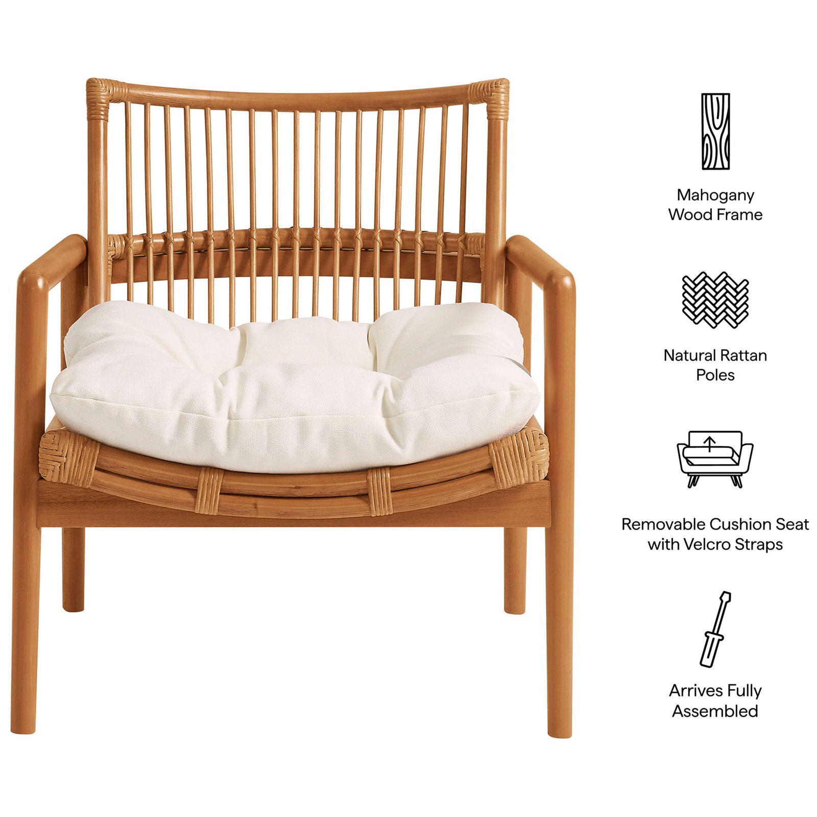 Feature highlights including mahogany frame, natural rattan, and removable cushion || EEI-7602-BRN-WHI || callout_studio